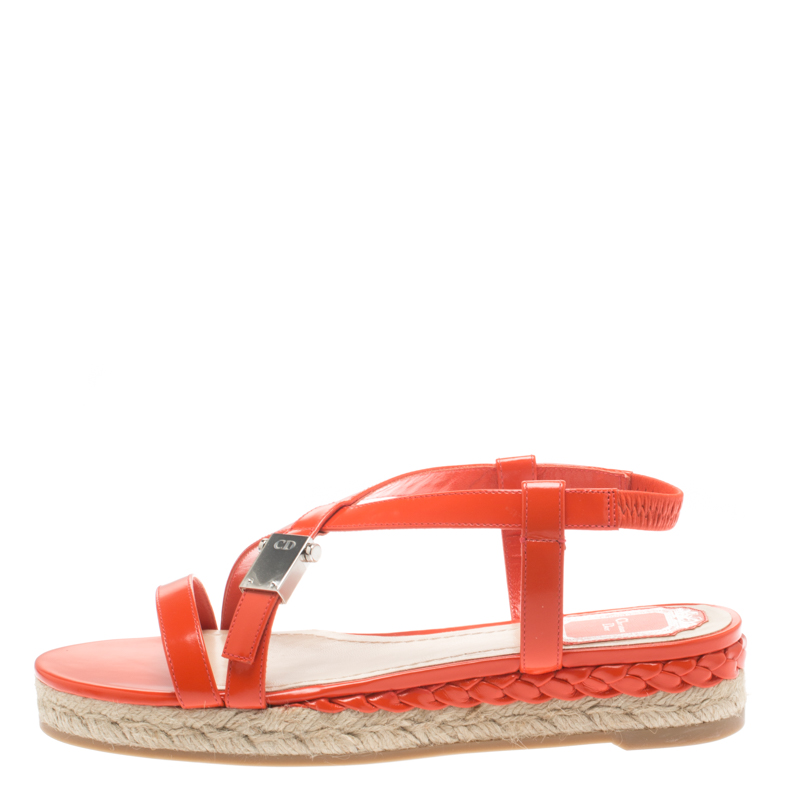 

Dior Orange Leather Cross Strap Espadrille Flat Sandals Size