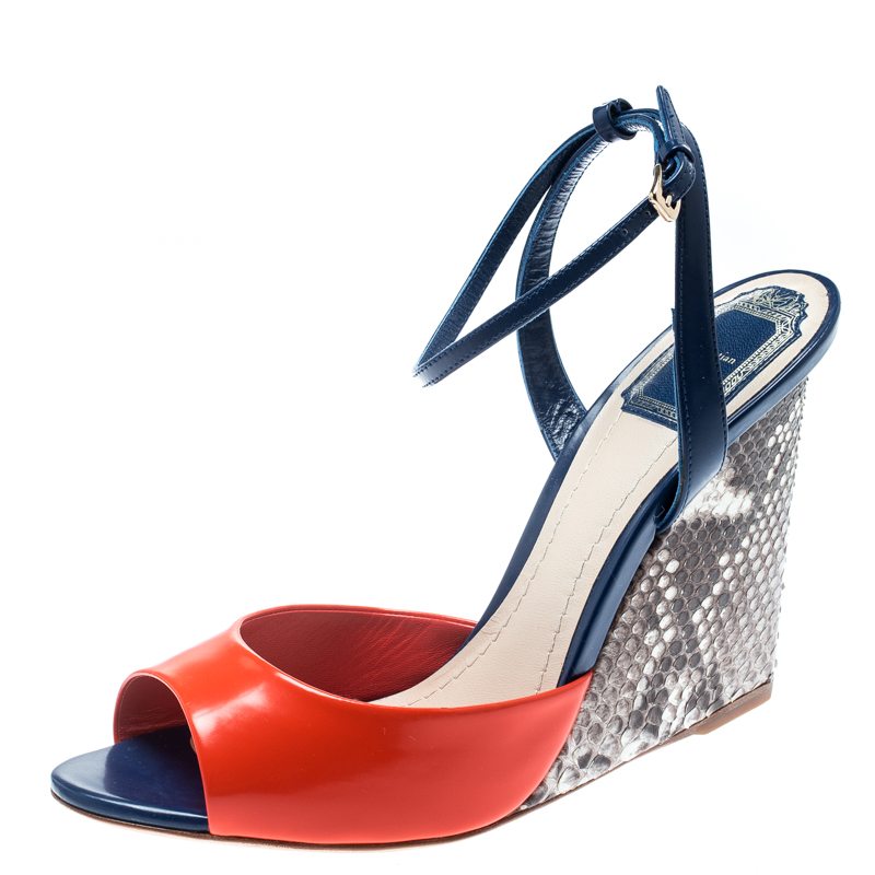مملوكة مسبقًا Dior Multicolor Leather Escapade Python Leather Wedge Ankle Strap Sandals Size 39