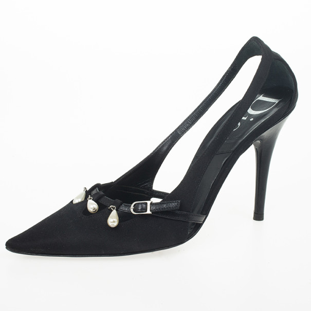 Pre Owned Christian Dior Black Satin Pointed Toe Pumps Size 36.5