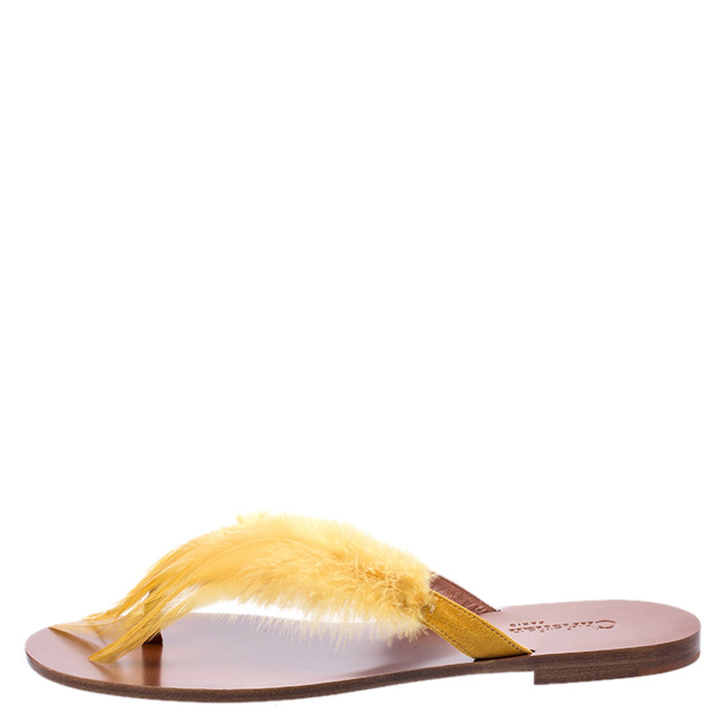 

Christian Dior Brown Leather And Yellow Ethnie Feather Thong Flats Size