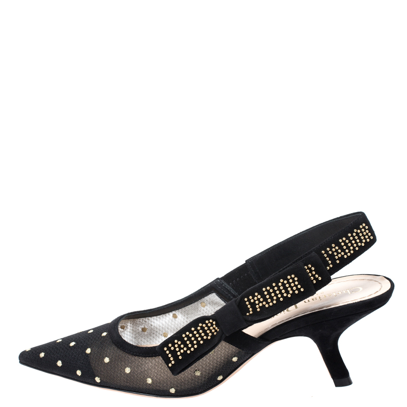 

Dior Black Plumetis Mesh J'adior Studded Suede Pointed Toe Slingback Sandals Size