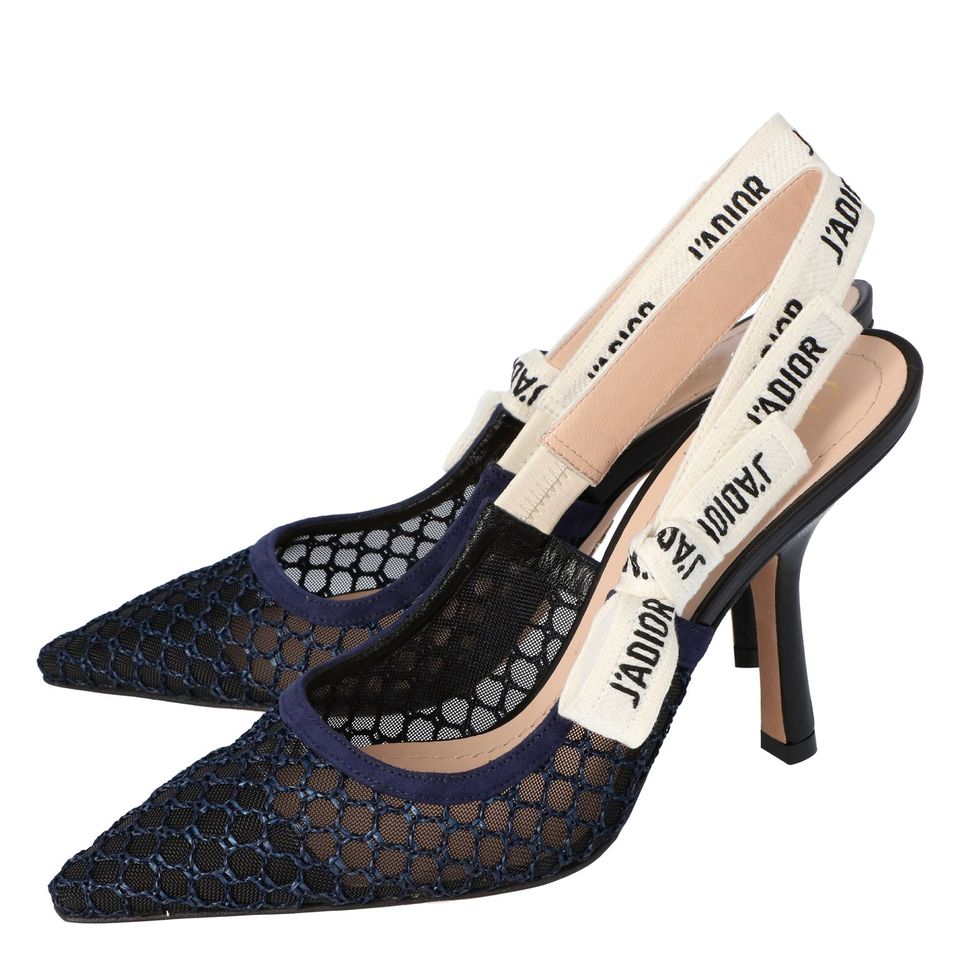 Dior Deep Blue Mesh Embroidered Ribbon J'Adior Slingback Pumps Size 35.