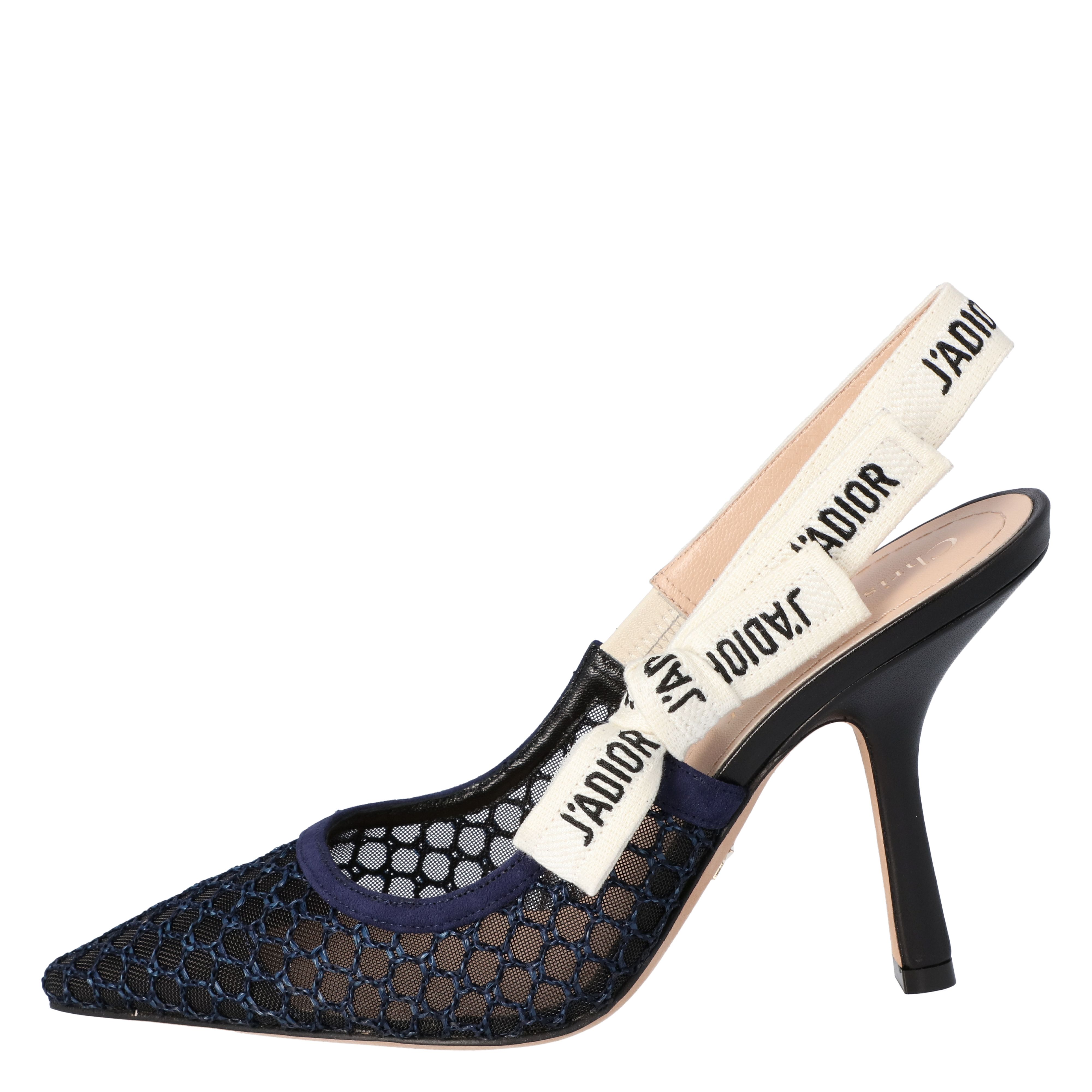 

Dior Deep Blue Mesh Embroidered Ribbon J'Adior Slingback Pumps Size