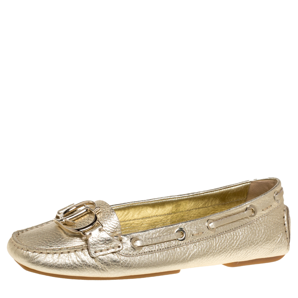 Pre Owned Christian Dior Metallic Gold Leather CD Logo Loafers Size 39