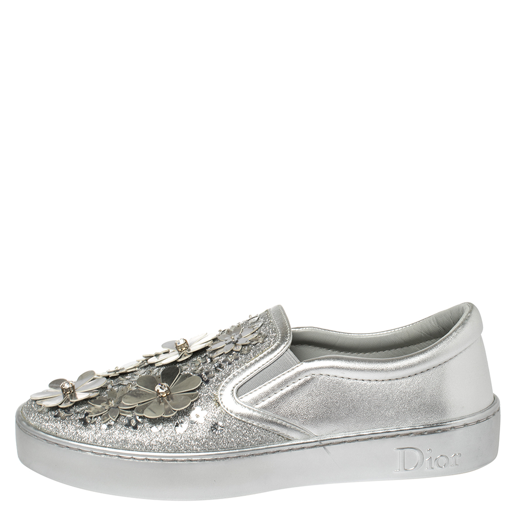 

Dior Silver Leather and Glitter Dior Happy Floral Slip On Sneakers Size