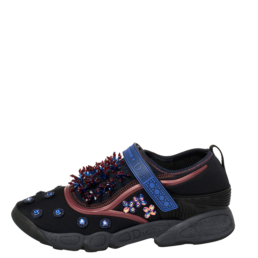 

Dior Black/Blue Stretch Fabric Fusion Embellished Low Top Sneakers Size