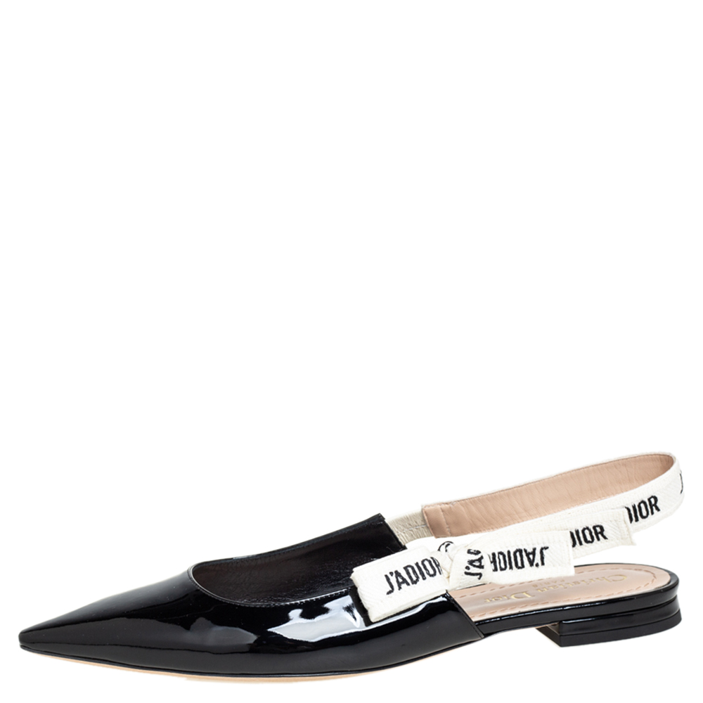

Dior Black Patent Leather J'Adior Slingback Flats Size