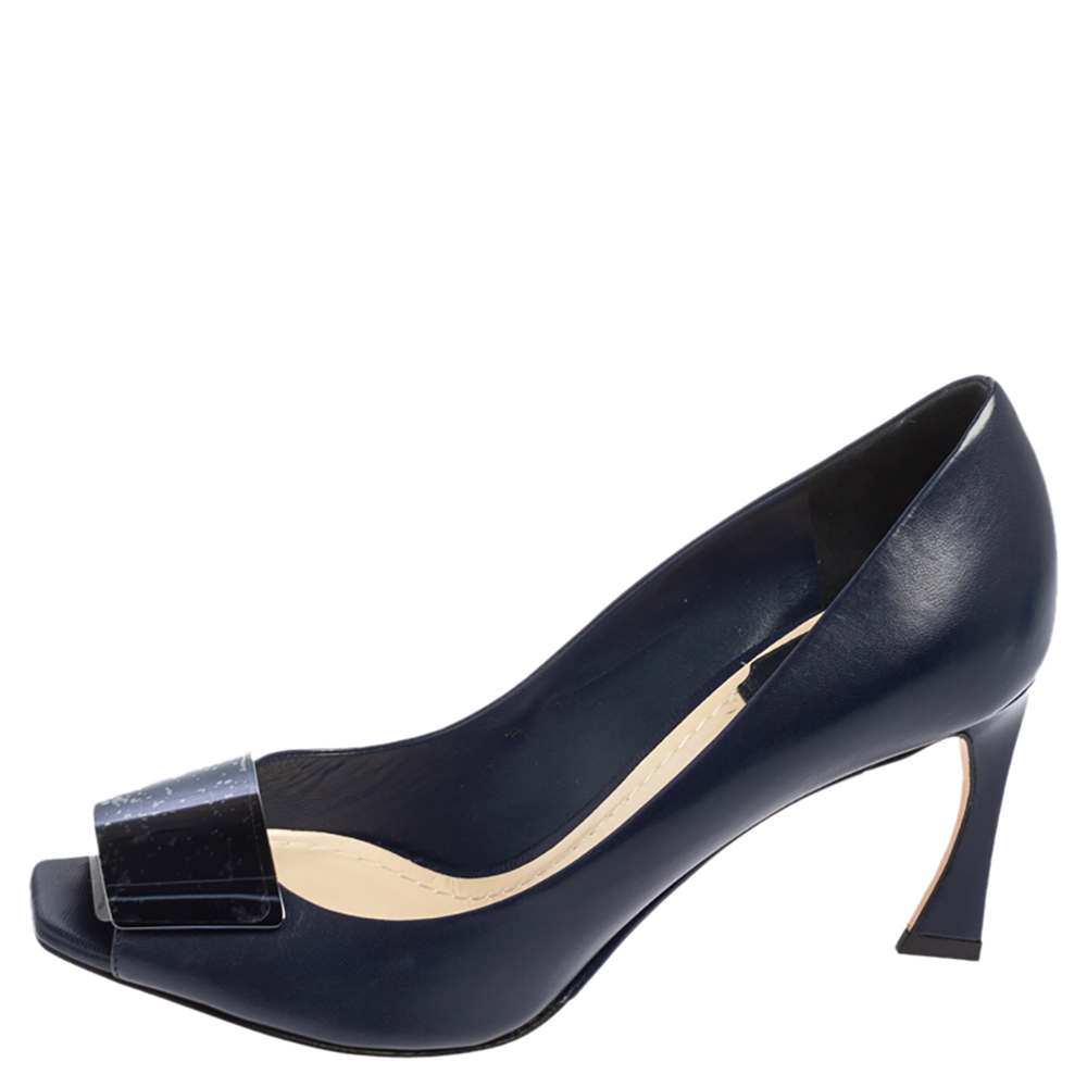 

Dior Navy Blue Leather Declinaison Defile Open Toe Pumps Size