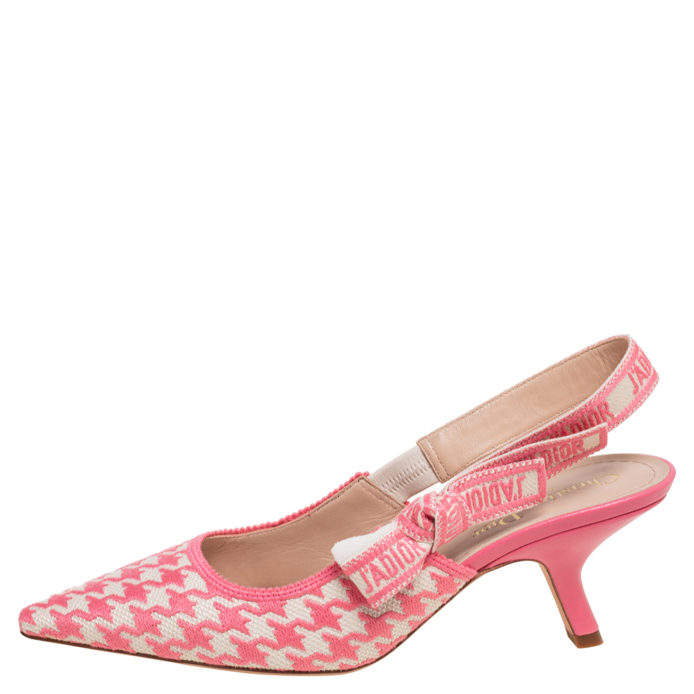 

Dior Pink/White Cotton Embroidery J'adior Slingback Sandals Size