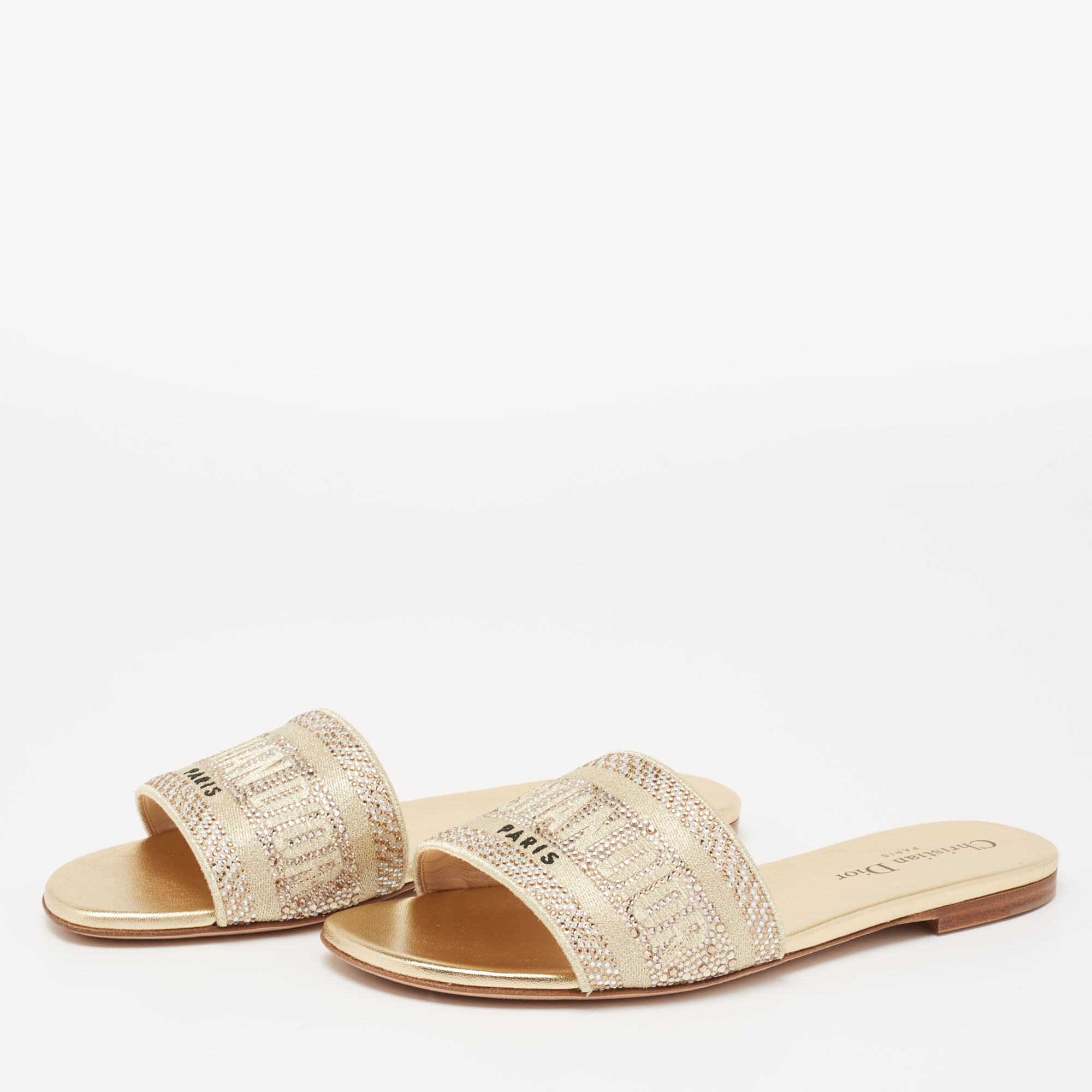 

Dior Gold Canvas Crystal Embellished D-Way Flat Slides Size