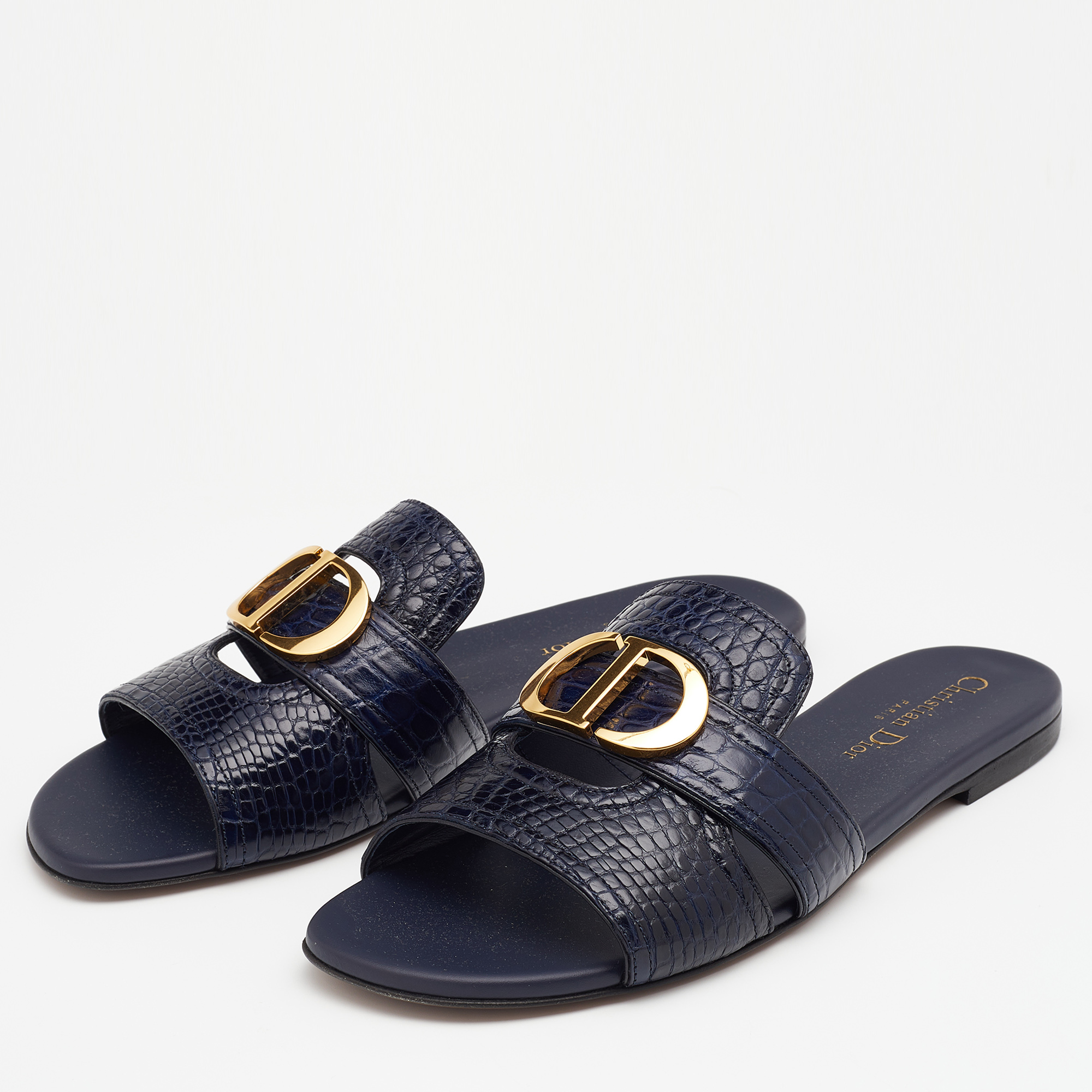 

Dior Navy Blue Alligator Leather 30 Montaigne Flat Slides Size