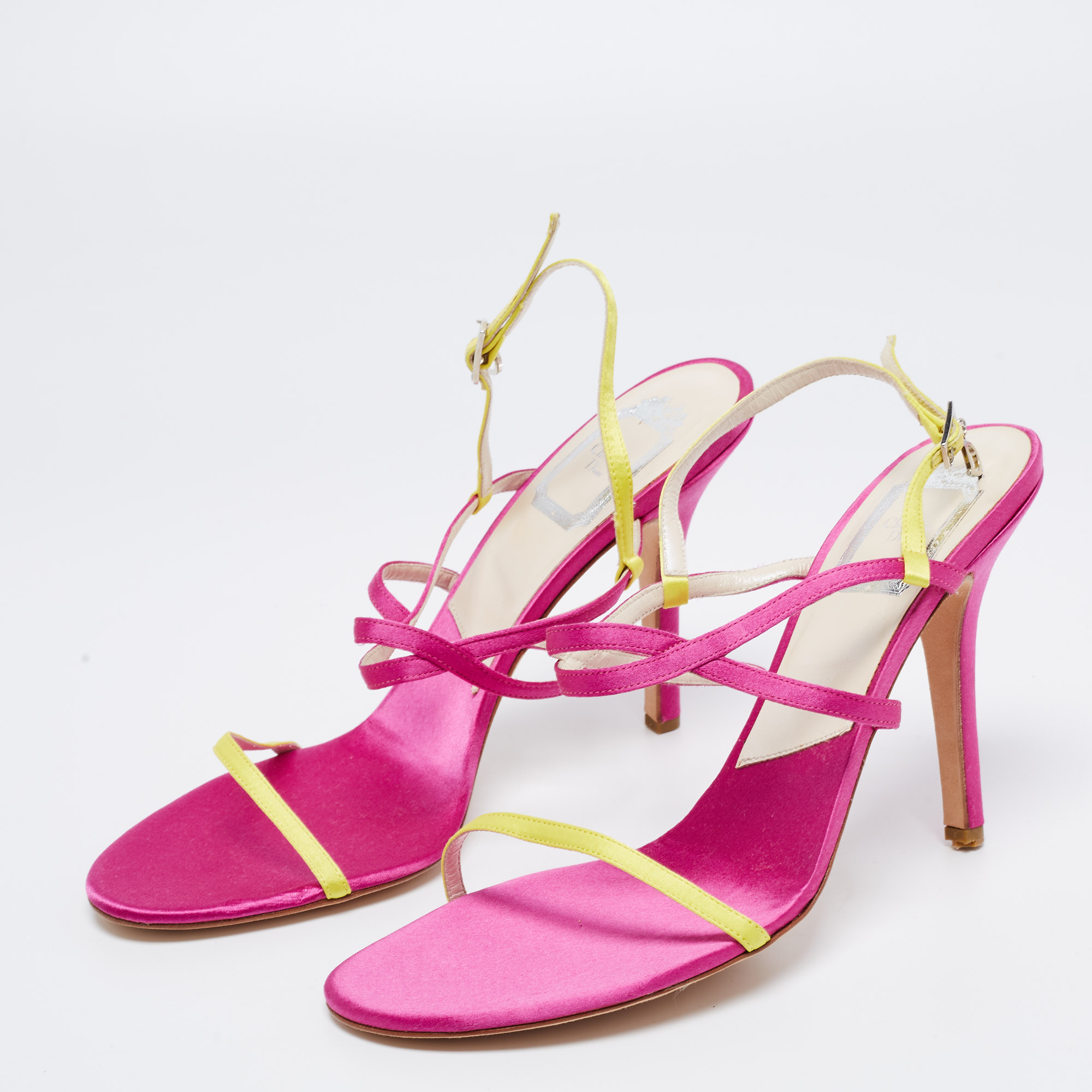 

Dior Magenta/Yellow Satin Ankle Strap Sandals Size