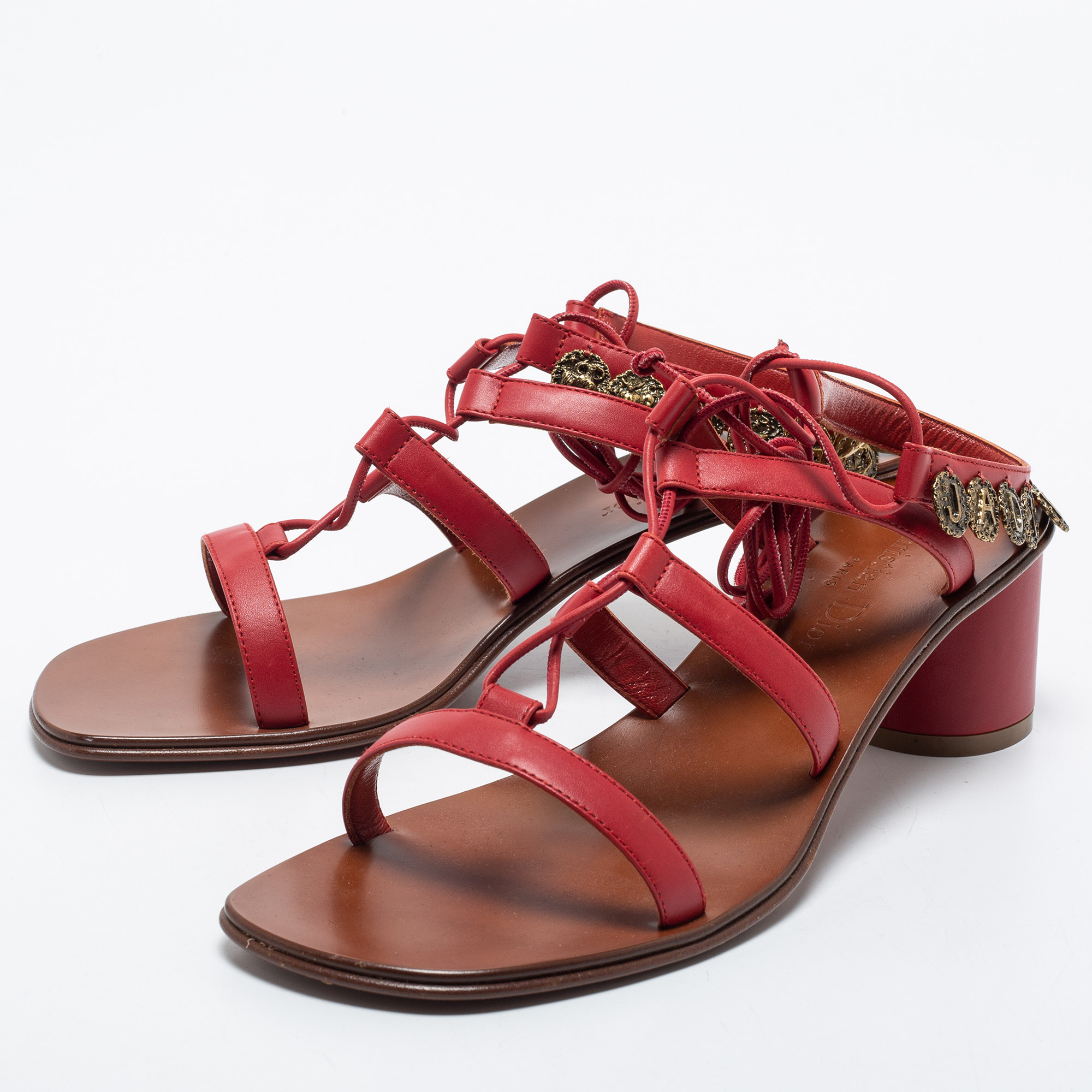 

Dior Red Leather Zodiac Ankle Tie Sandals Size