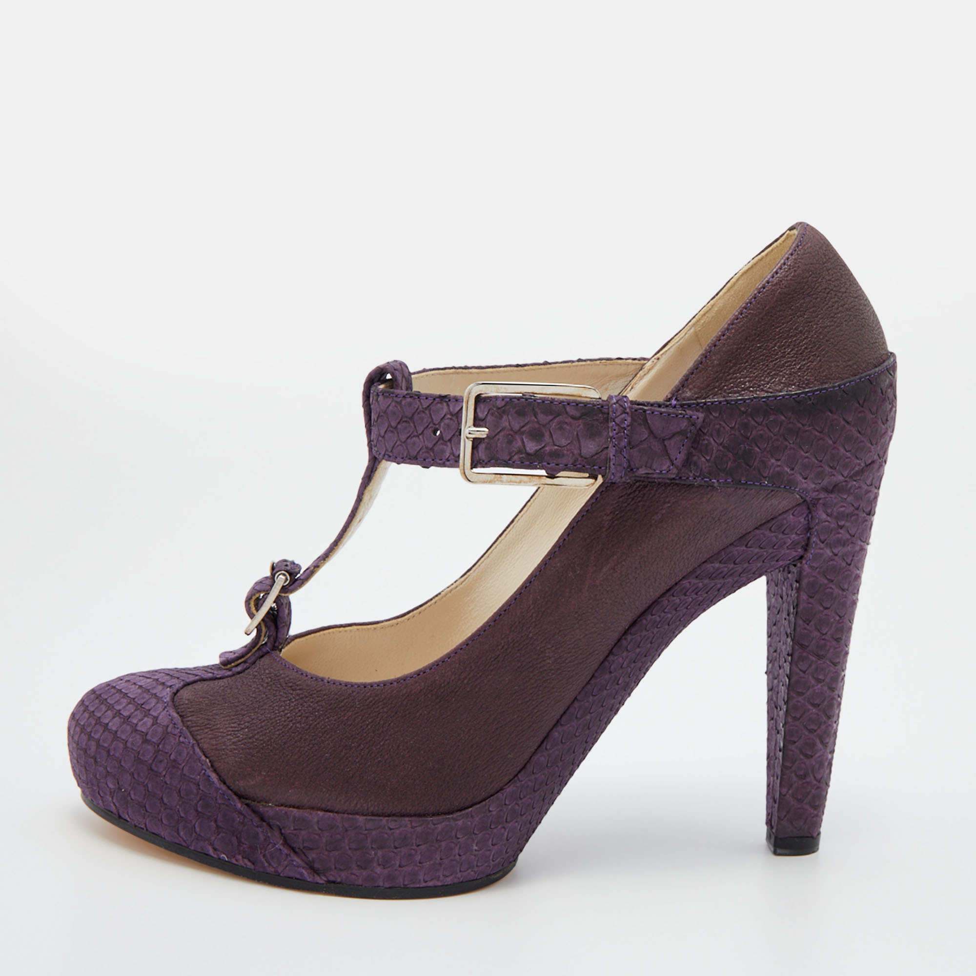 Pre-owned Dior Purple Python Leather T-strap Platform Pumps Size 38