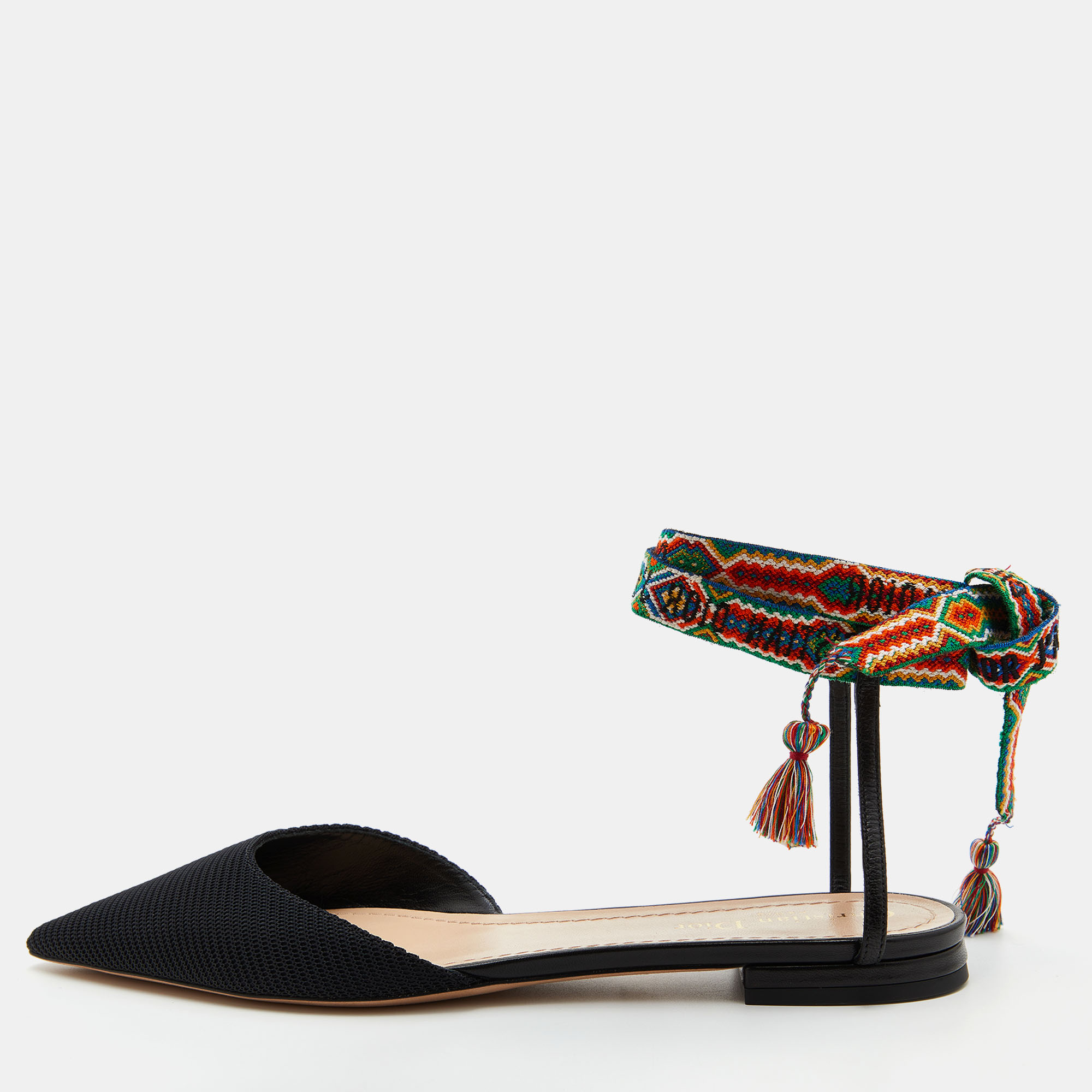 Pre Owned Dior Black Technical Fabric J'adior Pointed Toe Ankle Strap Flats Size 40