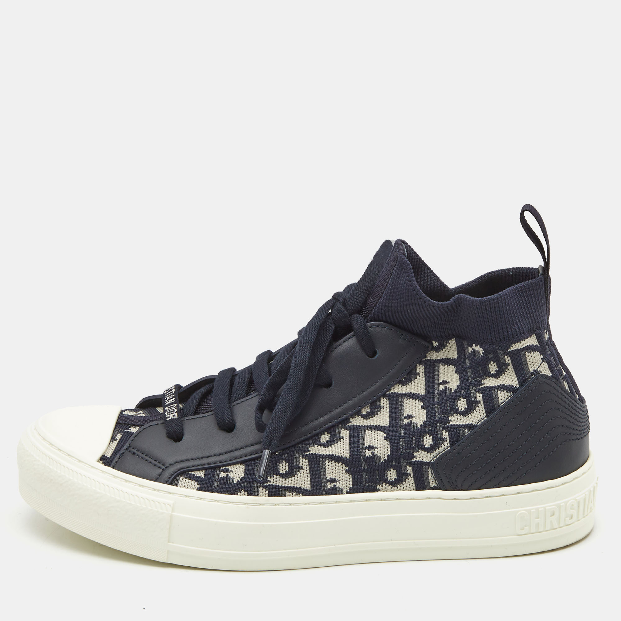 Dior Blue Knit Fabric and Leather Walk'n'Dior High Top Sneakers Size 38