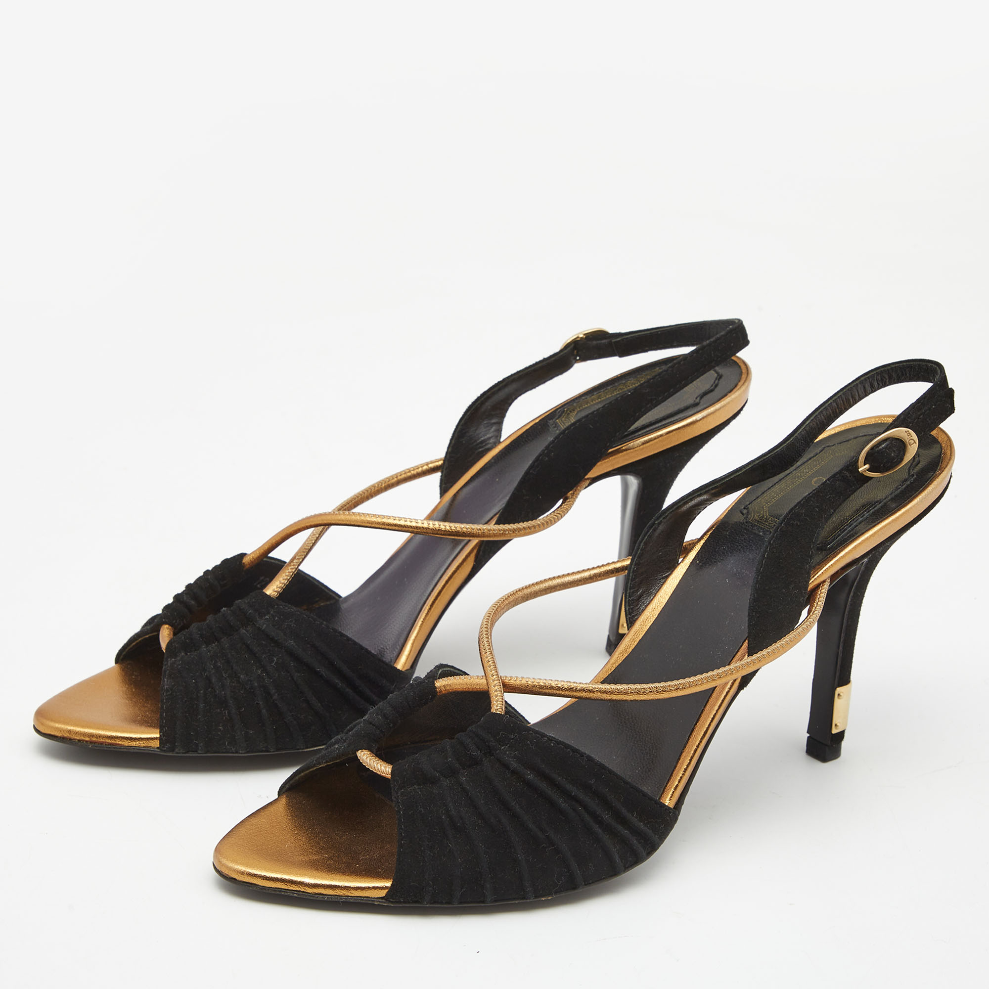 

Dior Black/Golden Leather and Suede Slingback Sandals Size 39.5