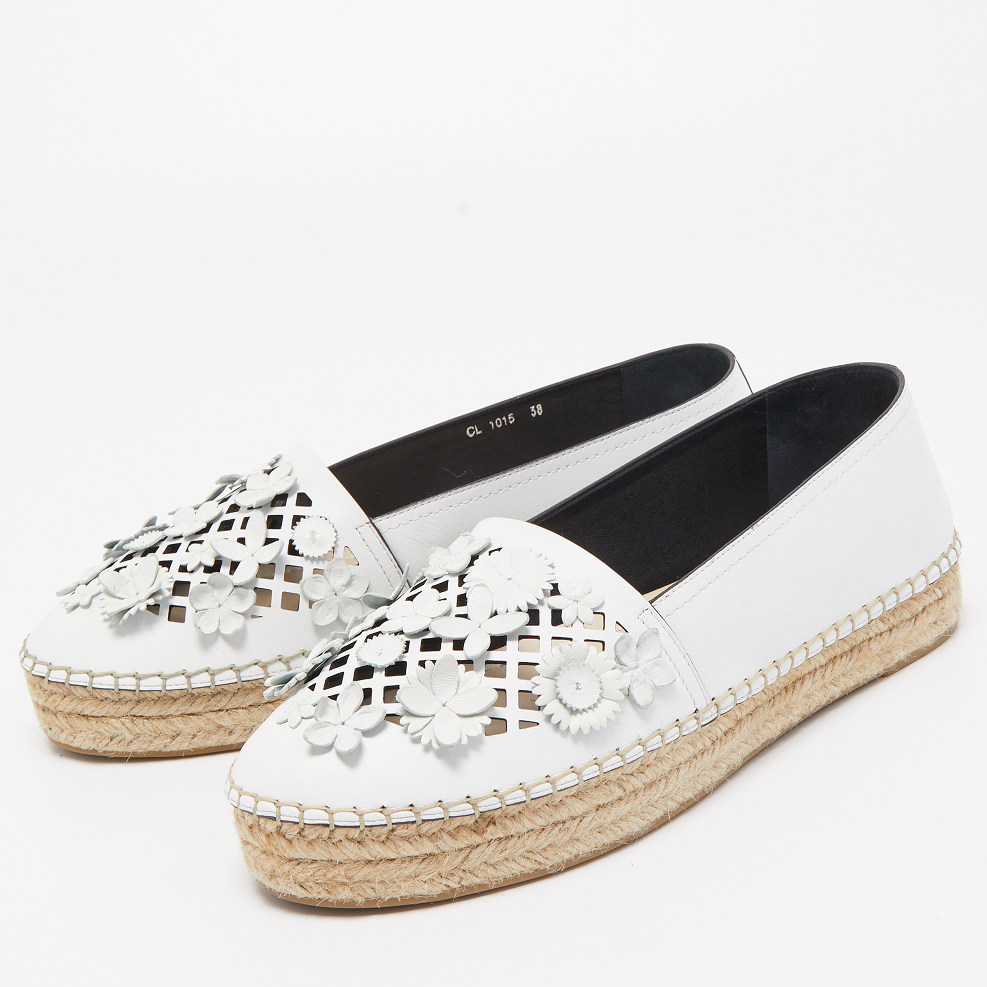 

Dior Light Grey Laser Cut Leather Flower Applique Flore Flat Espadrilles Size