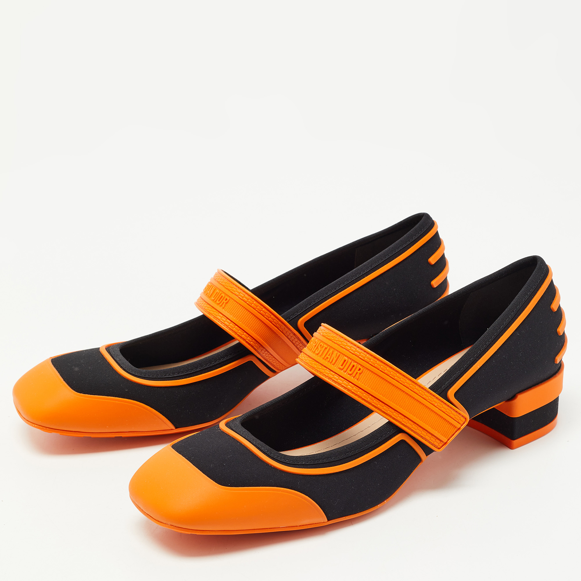 

Dior Orange/Black Rubber and Fabric Roller Mary Jane Pumps Size