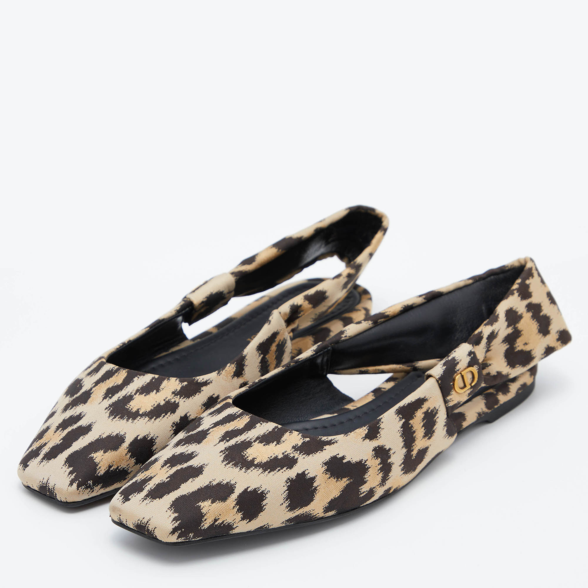 

Dior Beige/Black Leopard Print Fabric Mizza Slingback Flat Pumps Size