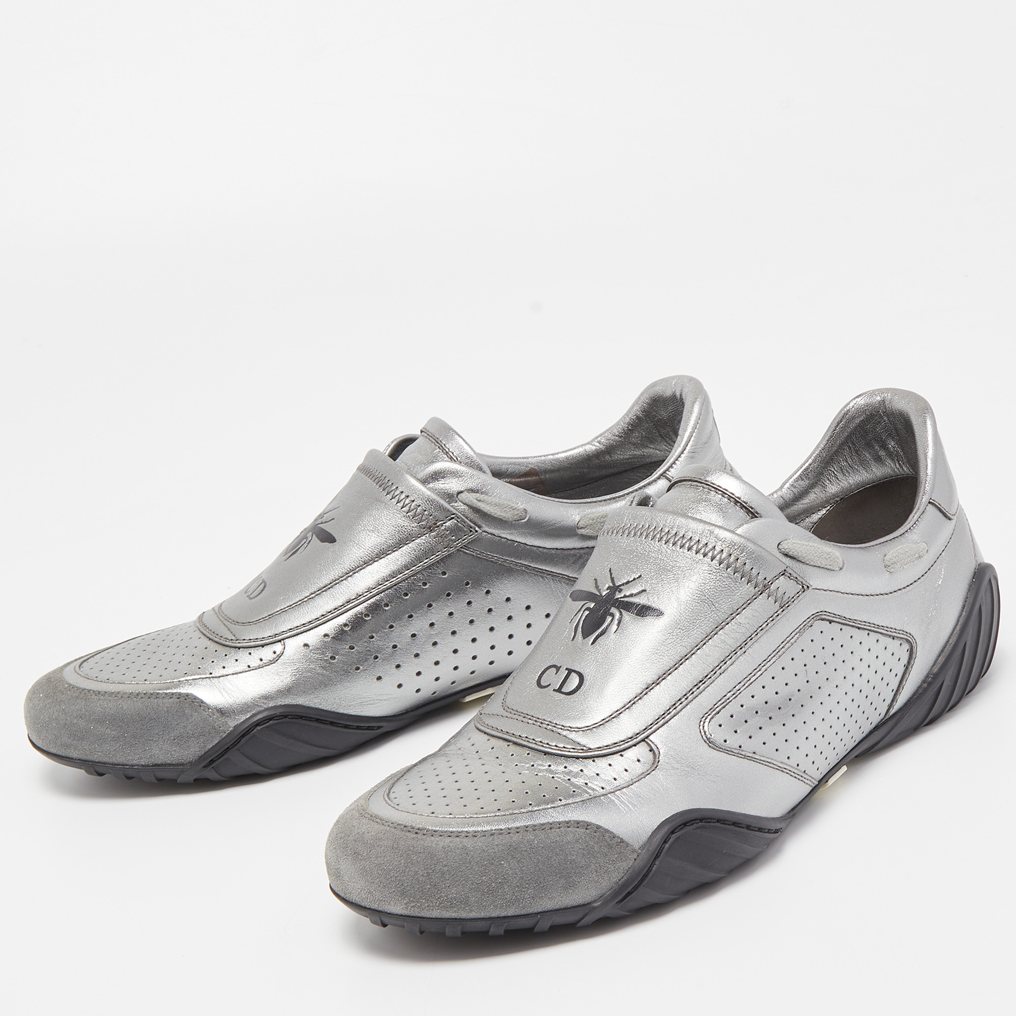 

Dior Metallic Grey Leather and Suede D-Fence Sneakers Size