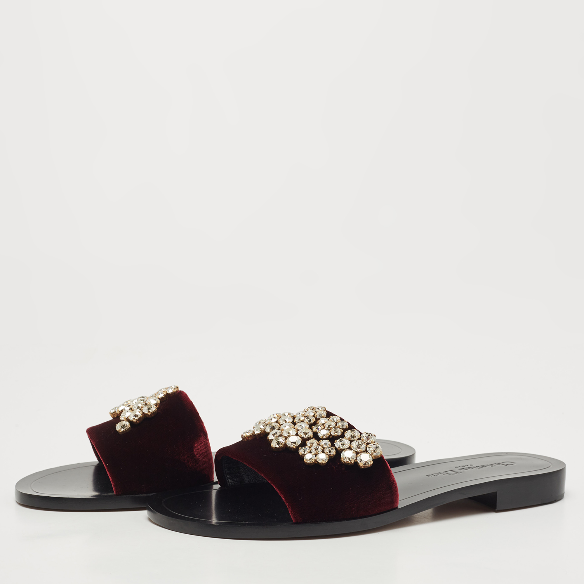 

Dior Burgundy Velvet Crystal Embellishment Flat Slides Size