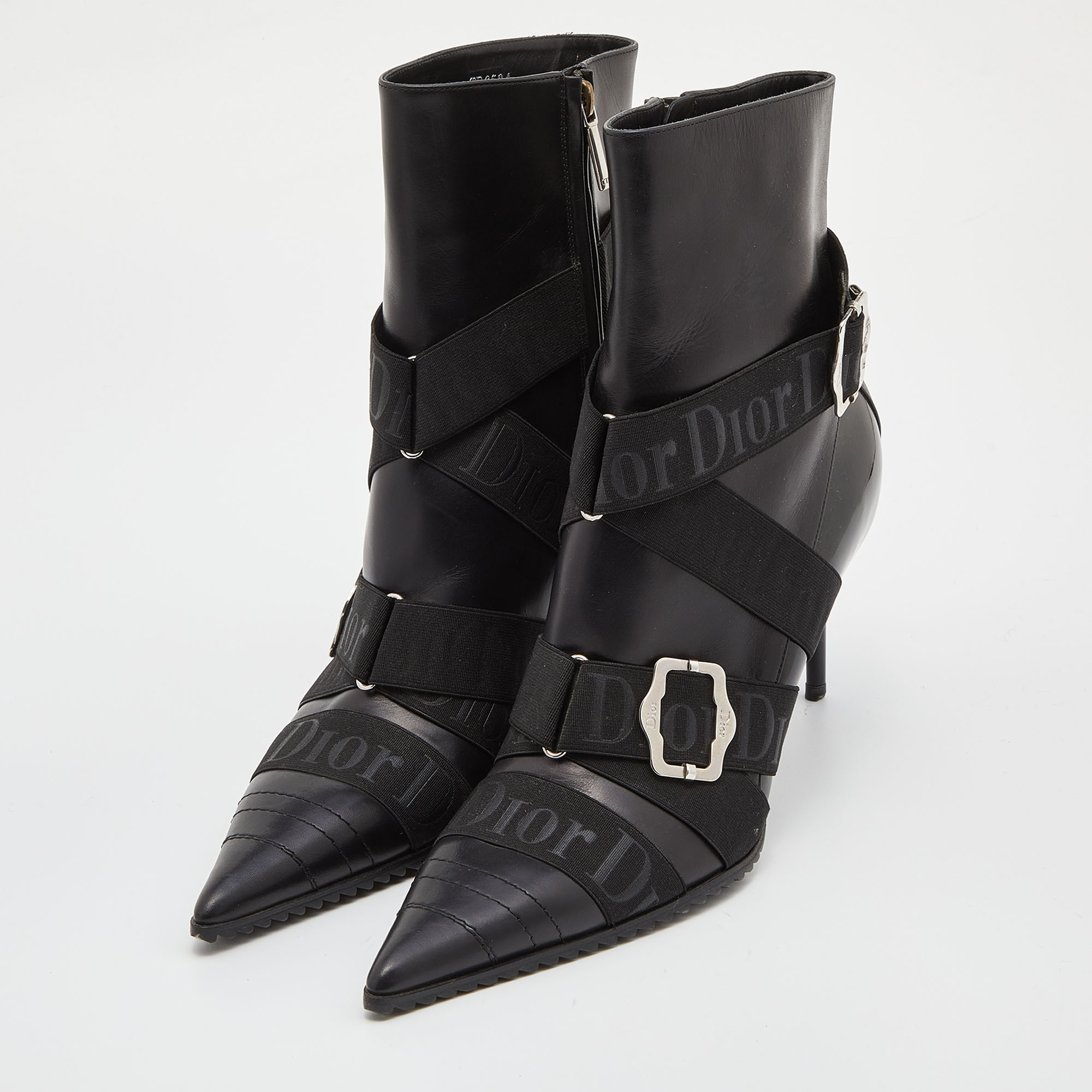 

Dior Black Leather and Elastic Logo Strap And Buckle Embellished Pointed Toe Ankle Boots Size