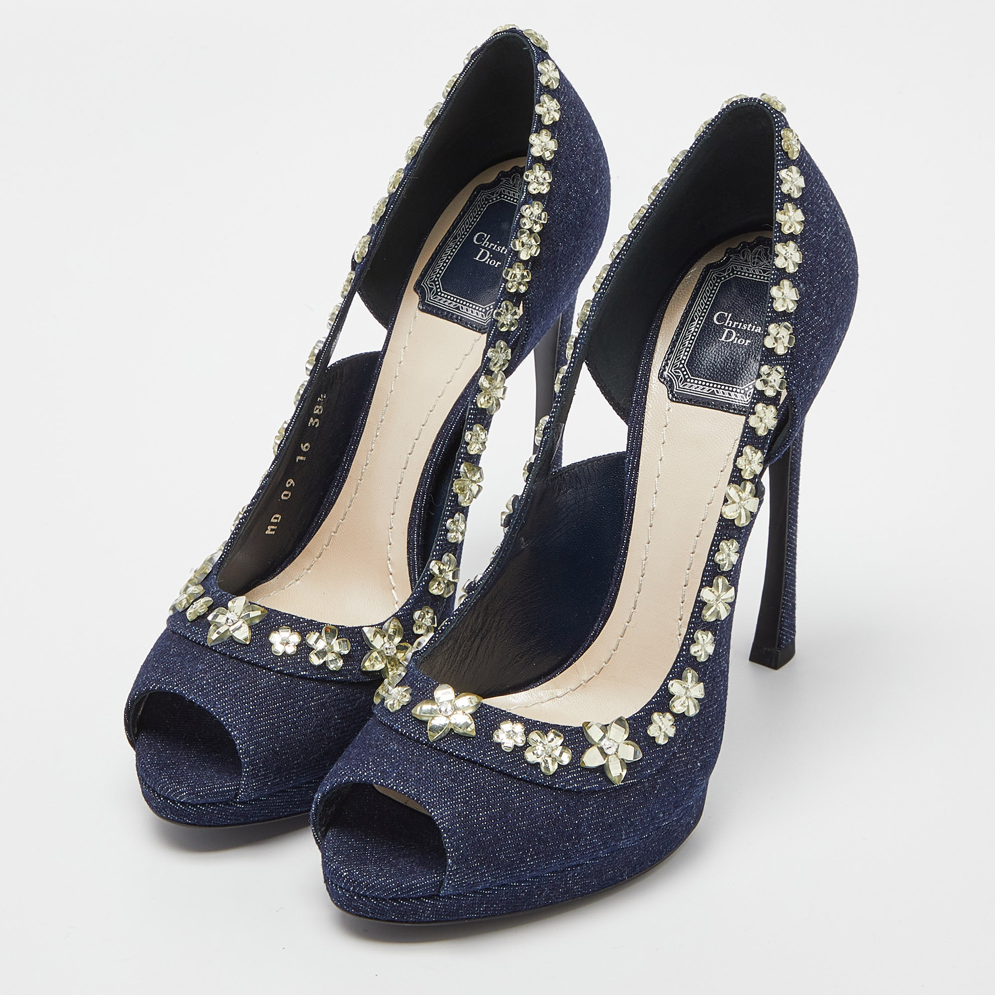 

Dior Blue Denim Crystal Embellished Garland Peep Toe Pumps Size