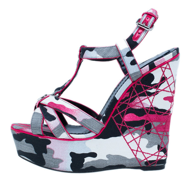 

Dior Pink Camouflage Canvas Anselm Reyle Platform Wedge Sandals Size