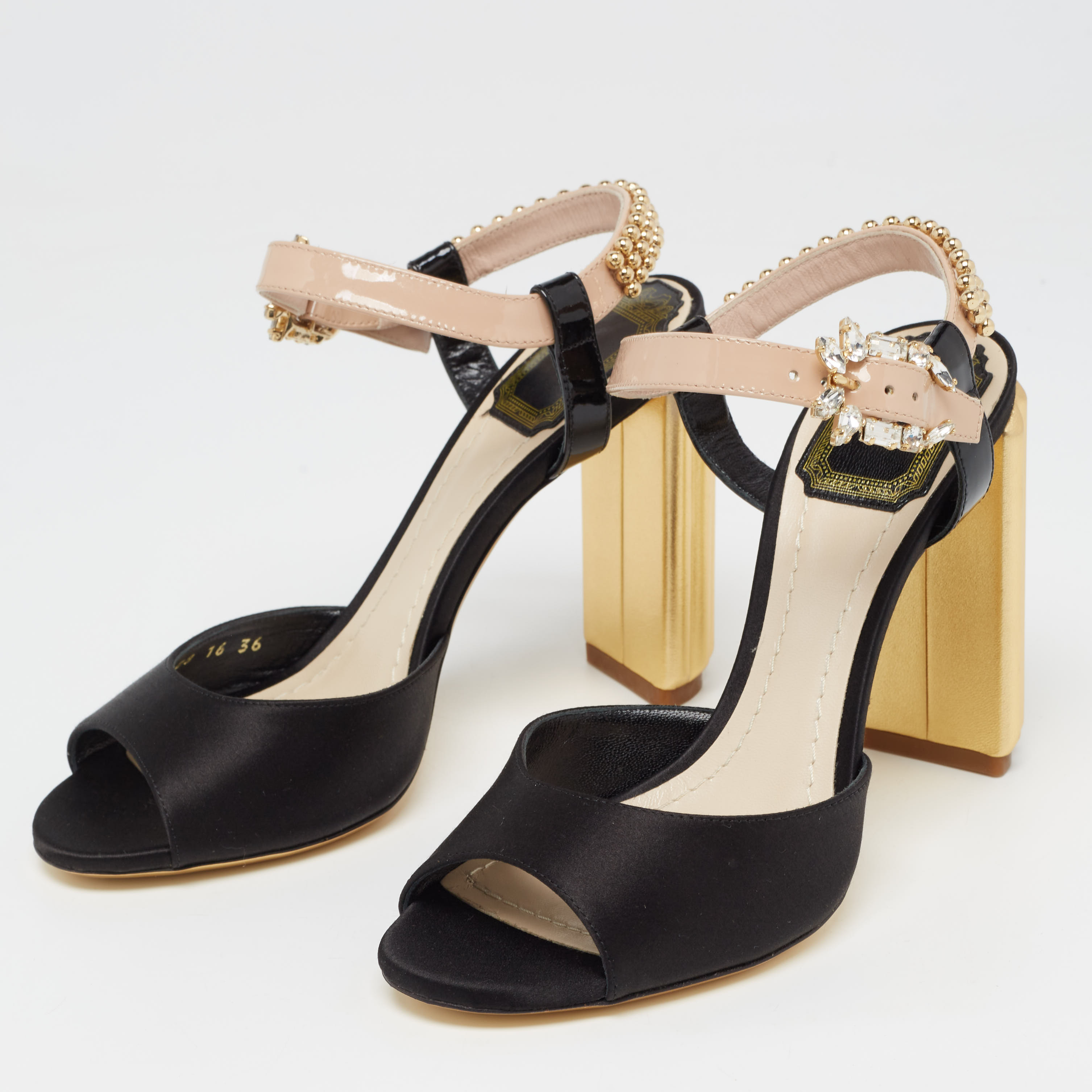

Dior Black/Beige Satin and Patent Leather Studded Ankle Strap Sandals Size