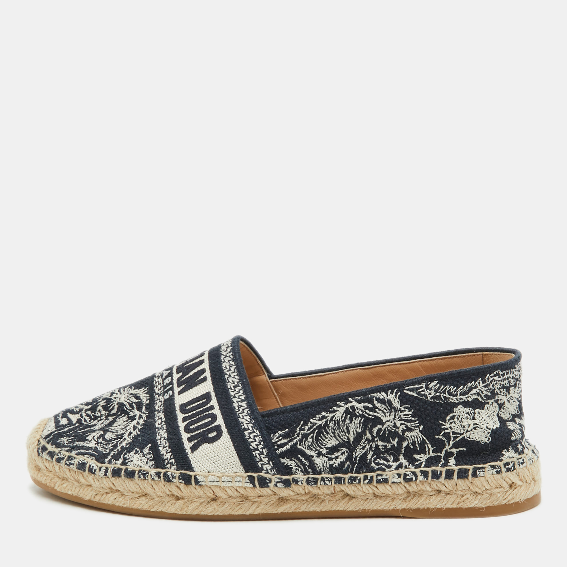 

Dior Navy Blue/White Embroidered Canvas Granville Espadrille Flats Size