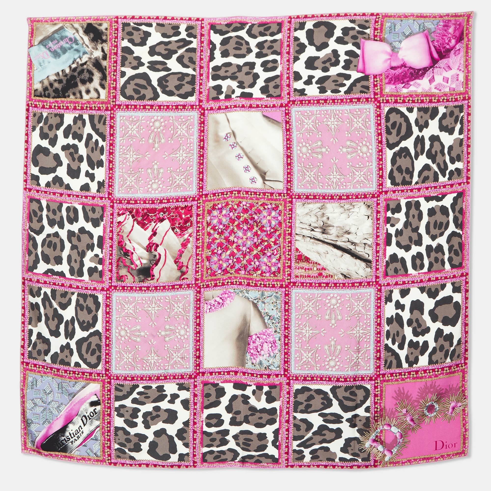 

Dior Pink Jewel & Animal Grid Print Silk Scarf