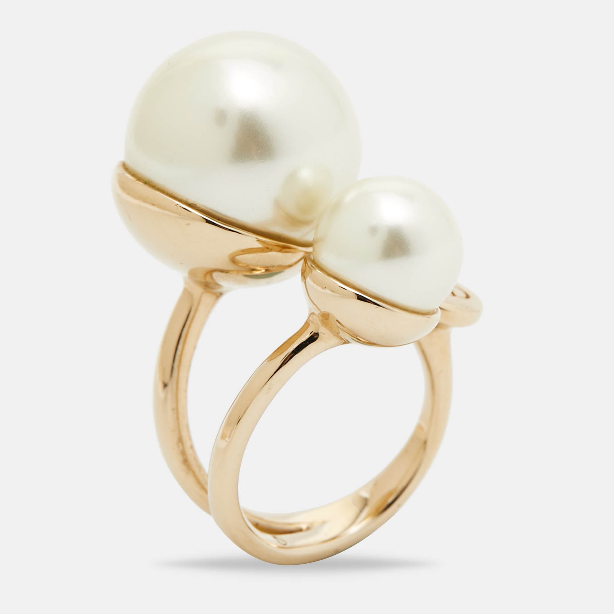 Pre-owned Dior Ultra Faux Pearl Gold Tone Ring Size 49