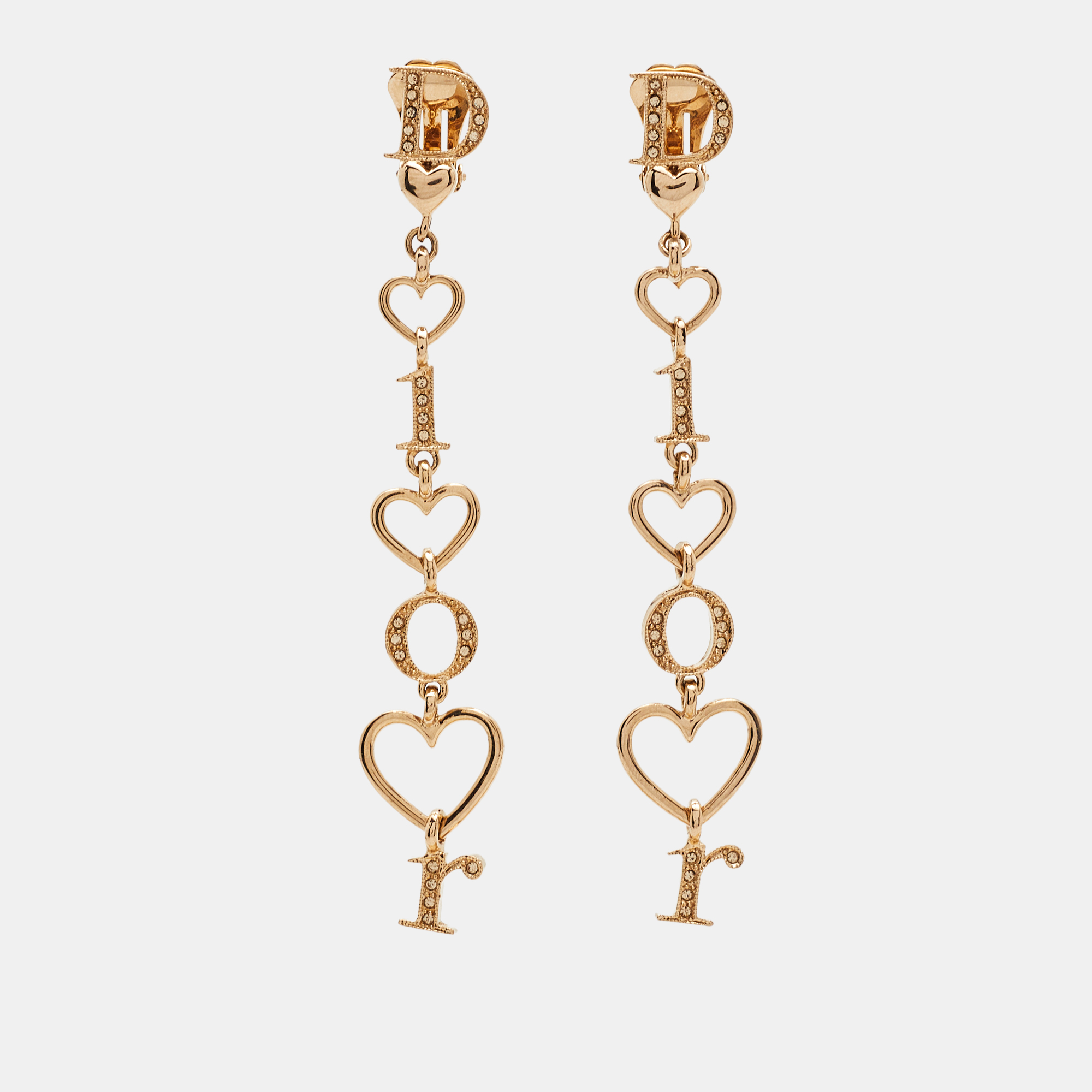 

Dior Heart Letter Spell Out Gold Tone Crystal Drop Earrings