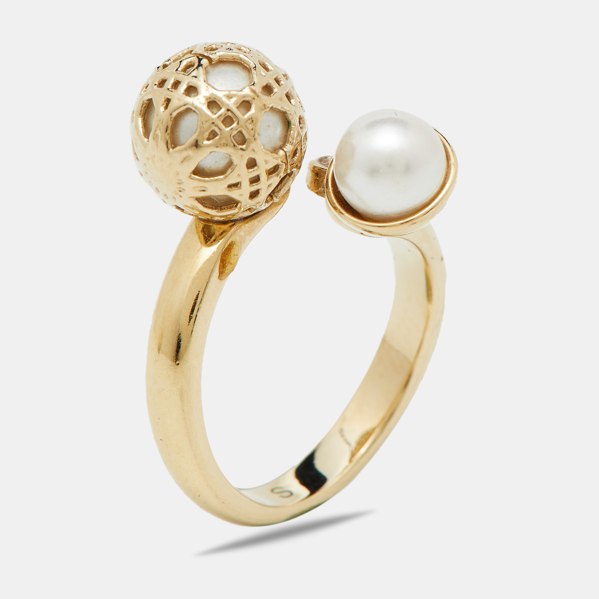 

Dior Secret Cannage Faux Pearl Crystal Gold Tone Open Ring Size