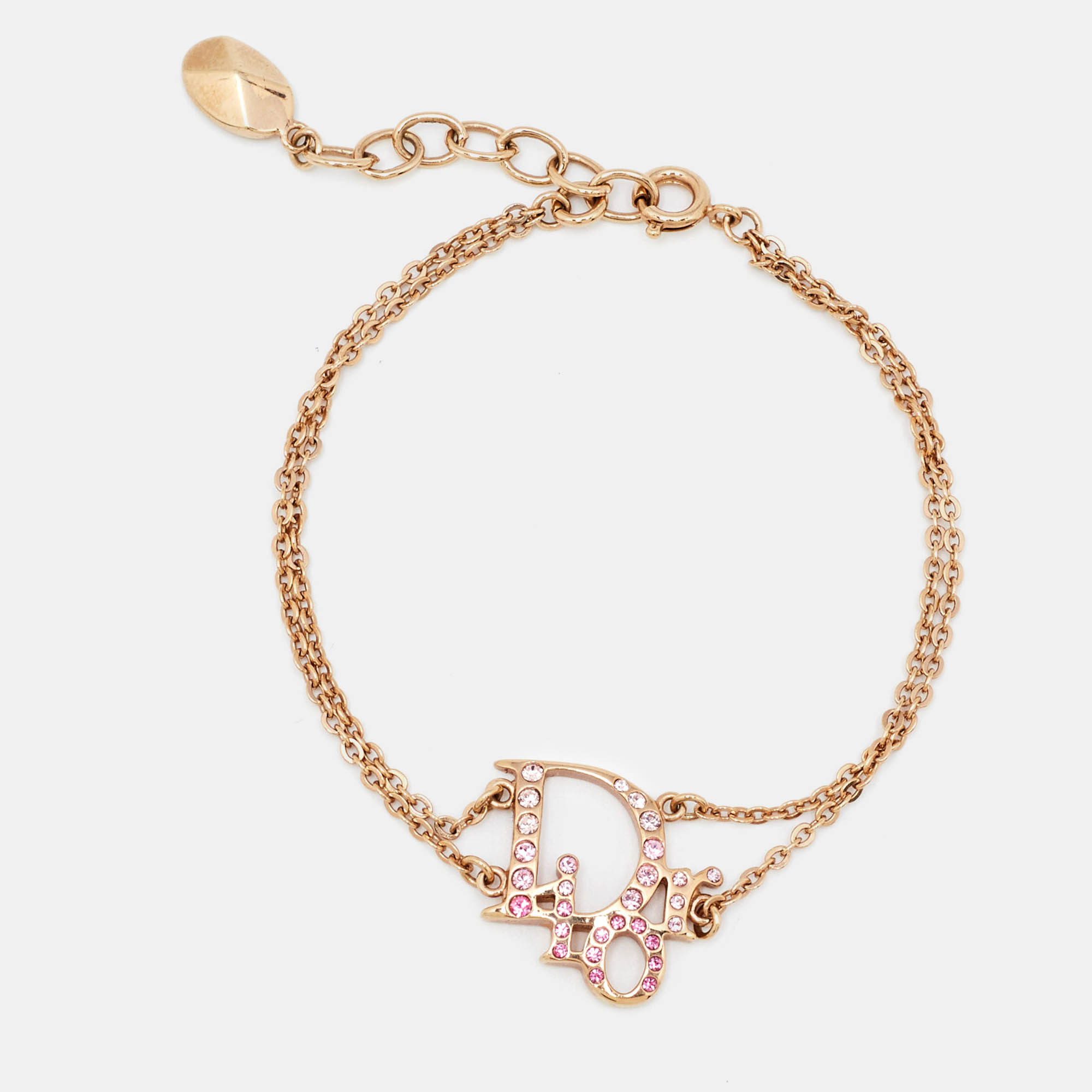 

Dior Oblique Charm Crystal Studded Gold Tone Double Chain Bracelet, Pink