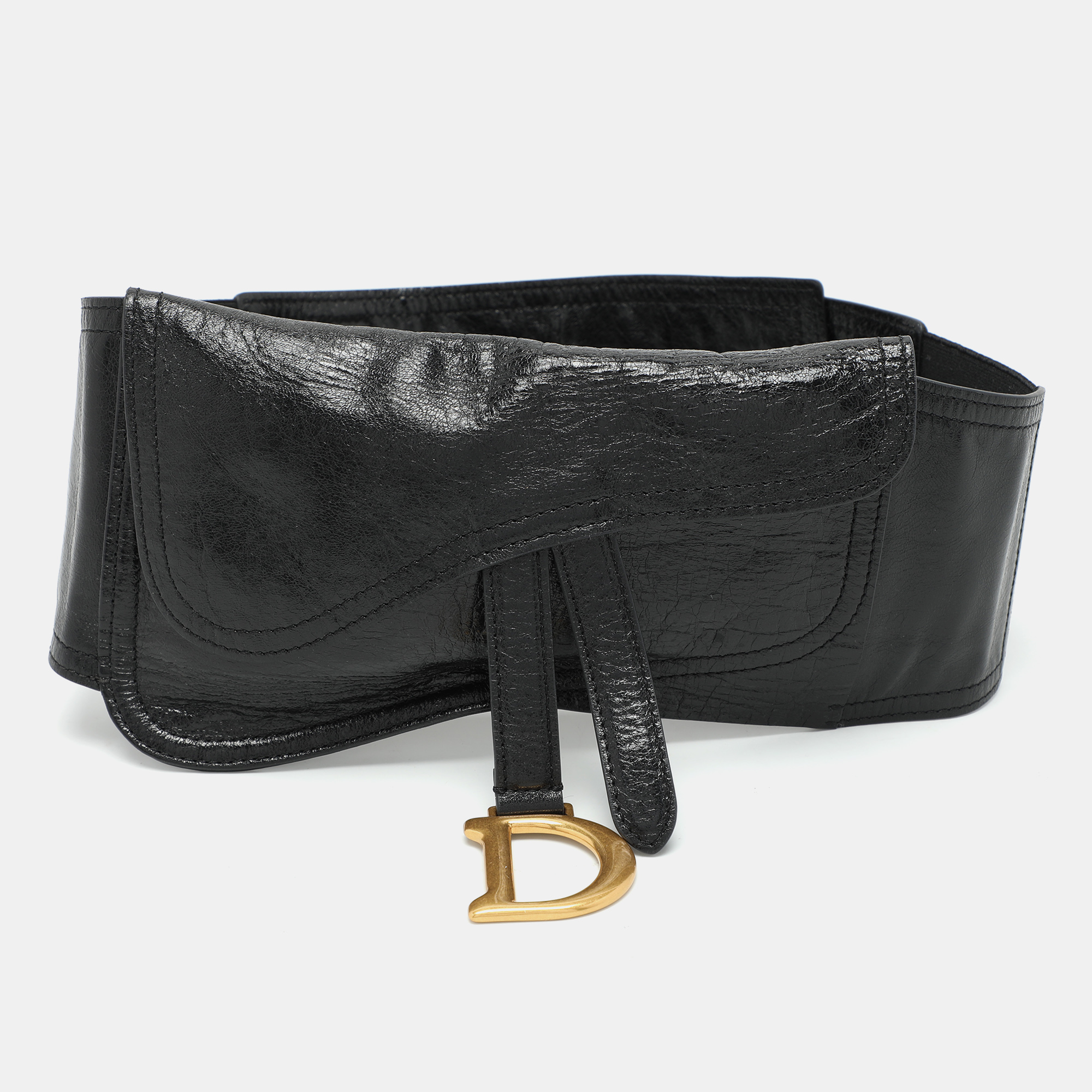 

Dior Black Crinkled Leather and Elastic Saddle Belt