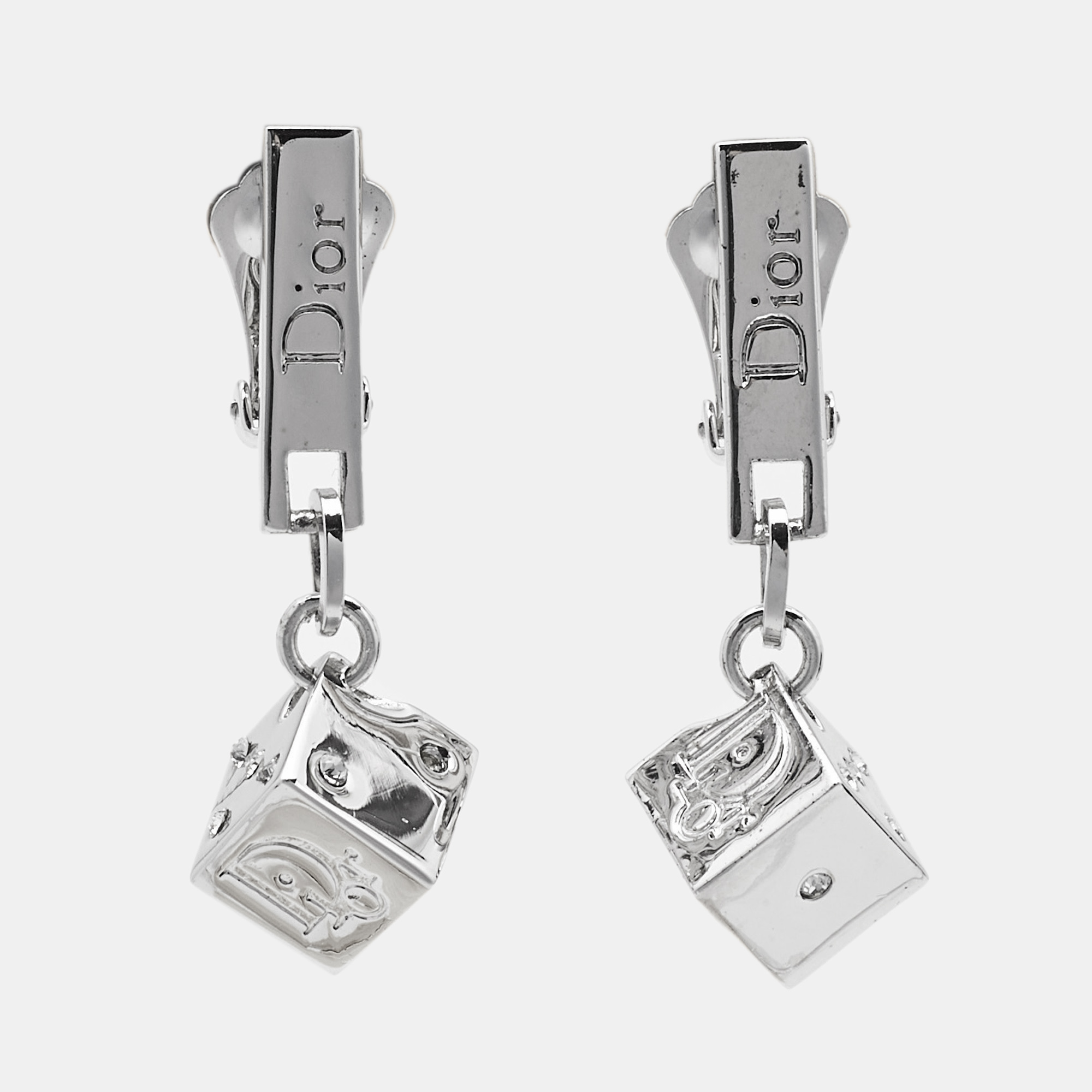 Pre-owned Dior Dice Crystals Silver Tone Earrings