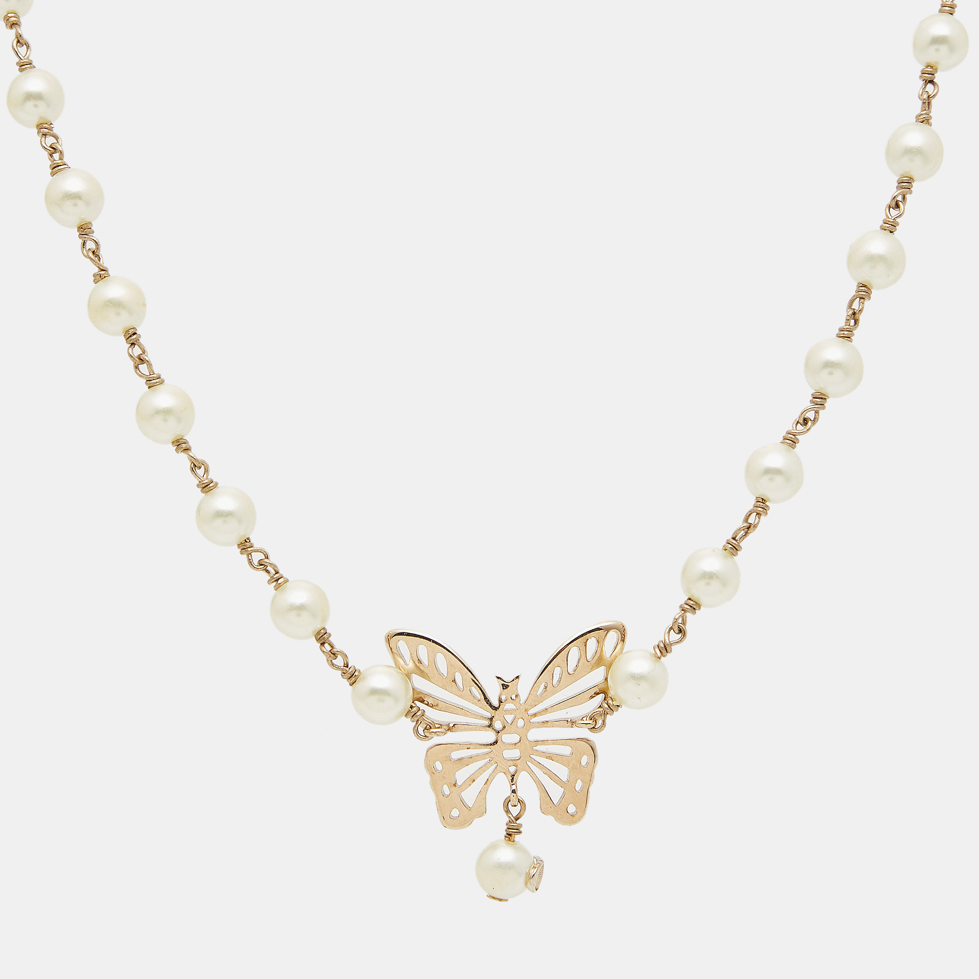 

Dior Butterfly Faux Pearl Gold Tone Necklace