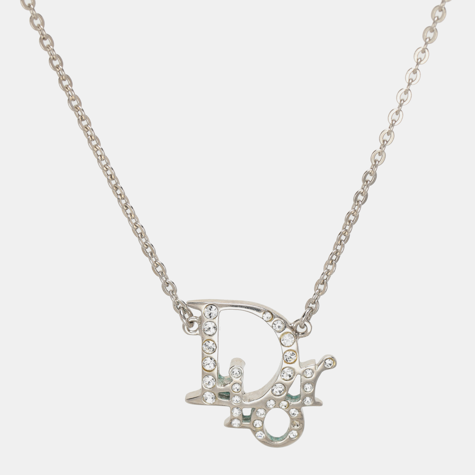 

Dior Silver Tone Crystal Accented Logo Pendant Necklace