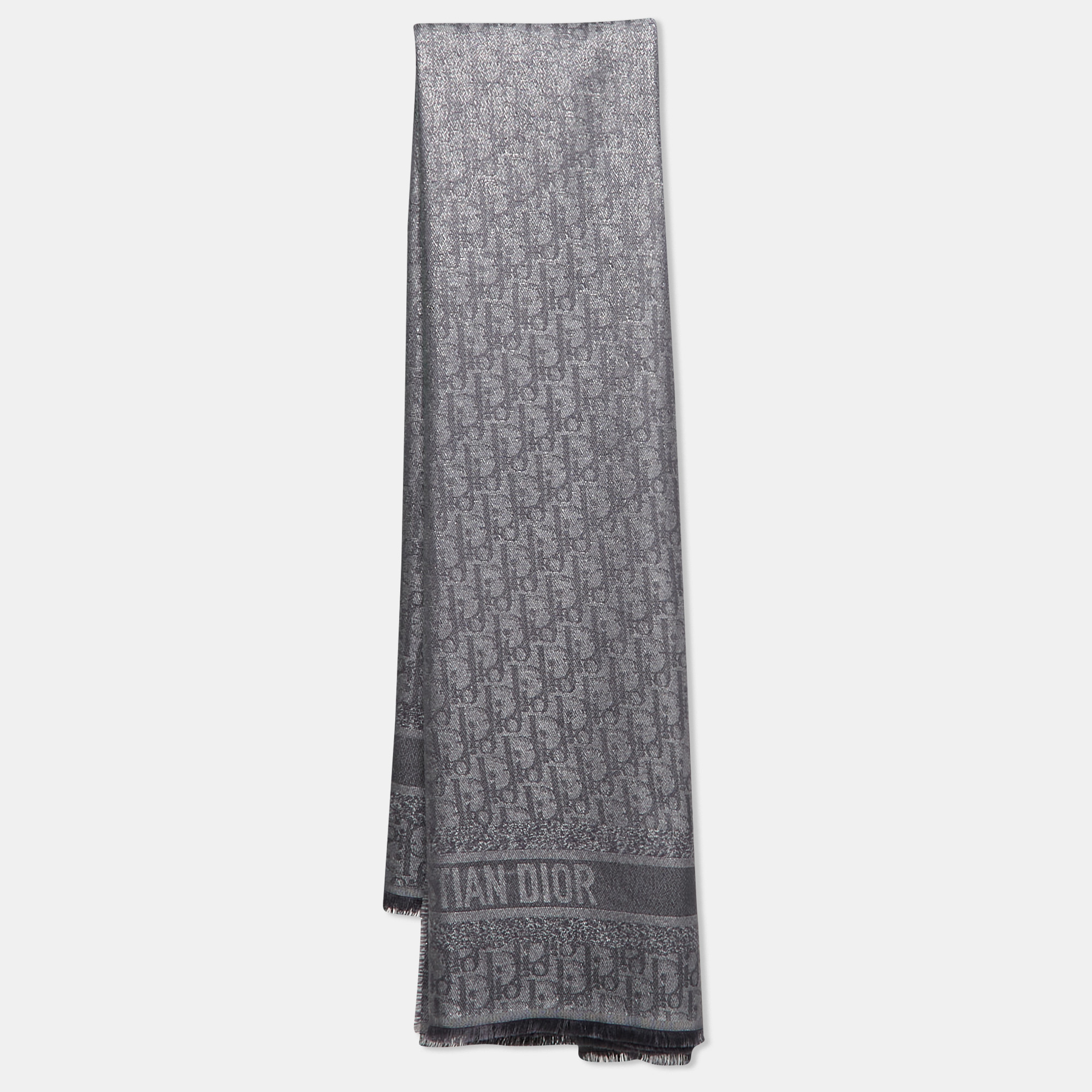 

Christian Dior Oblique Lame Fringed Edge Scarf, Grey