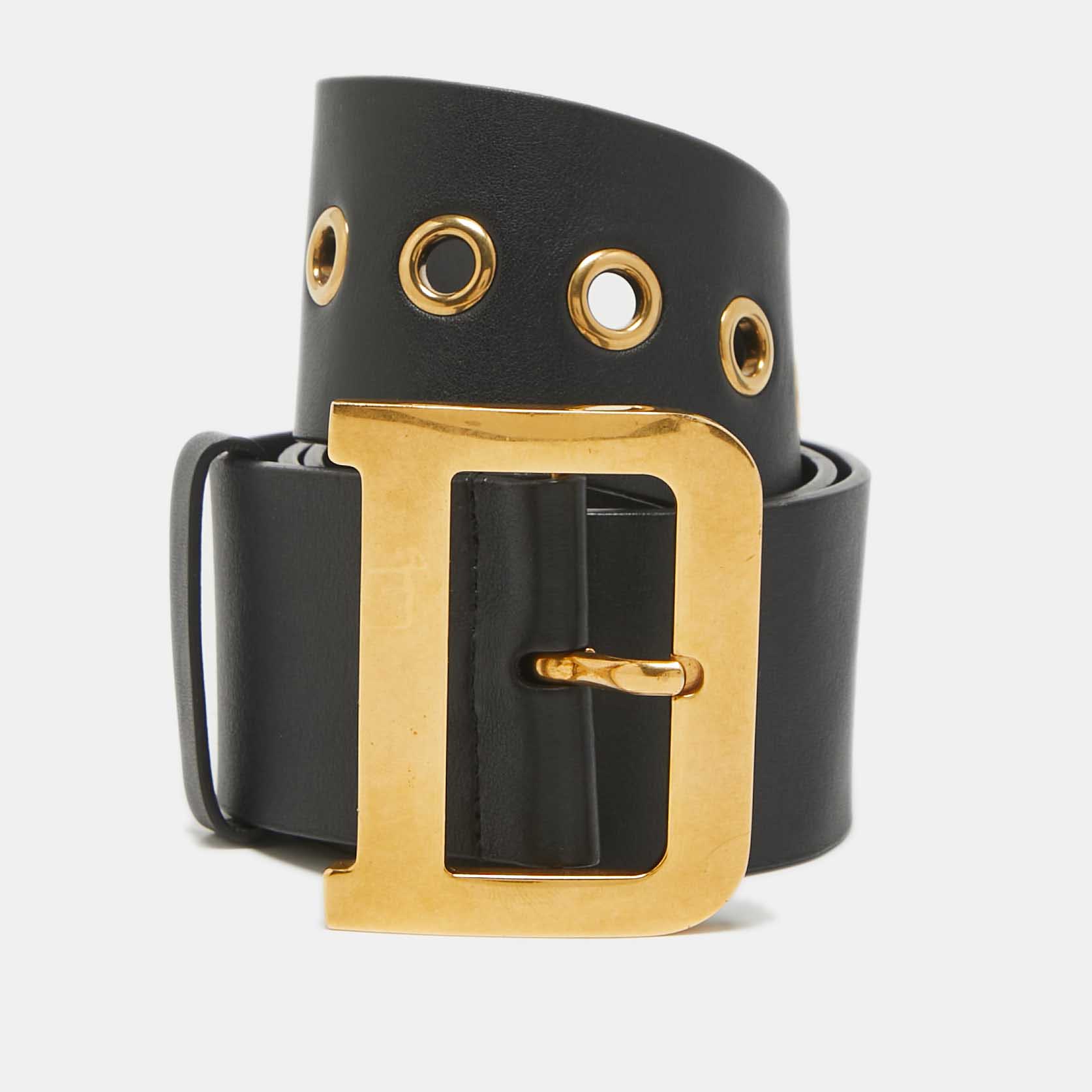 

Dior Black Leather Diorquake Buckle Wide Belt 80CM