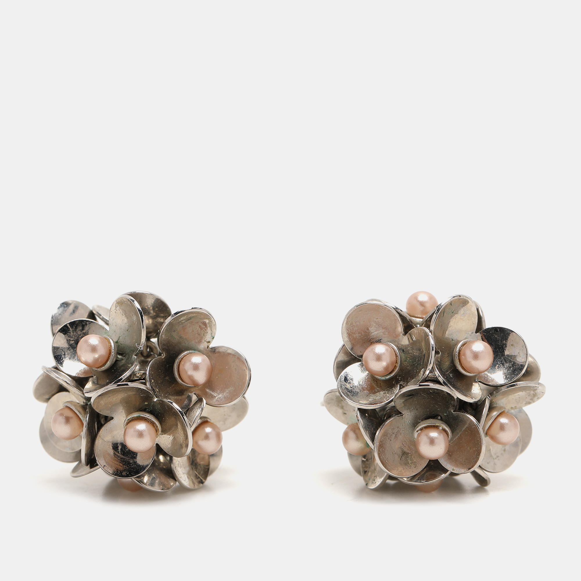 

Dior Silver Tone Metal Pearl Embellished Tribal Flower Petals Earrings