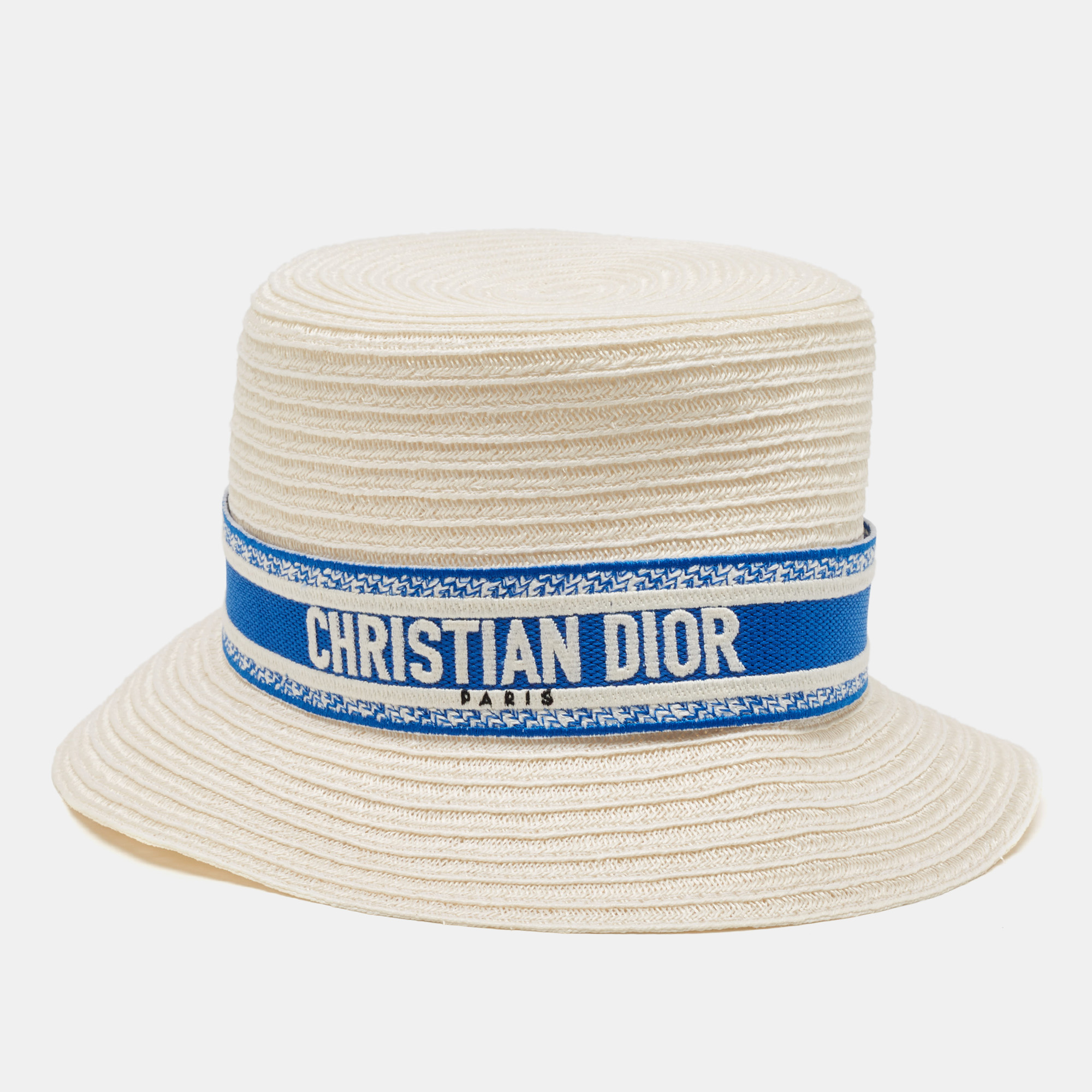 

Dior White/Ivory Hemp Straw Logo Band Detail Bucket Hat Size, Cream