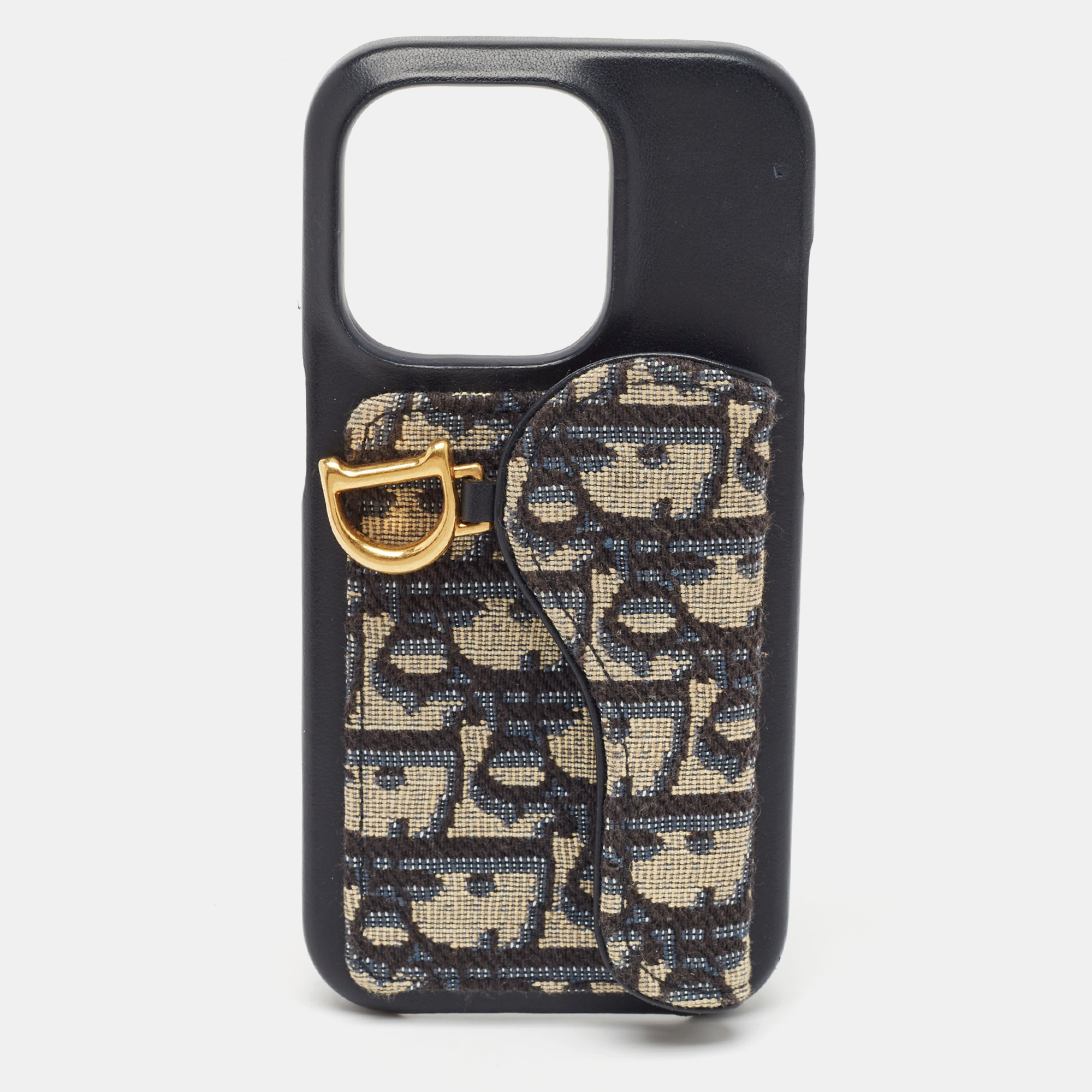 

Dior Navy Blue/Beige Oblique Jacquard and Leather Saddle iPhone 14 Pro Case