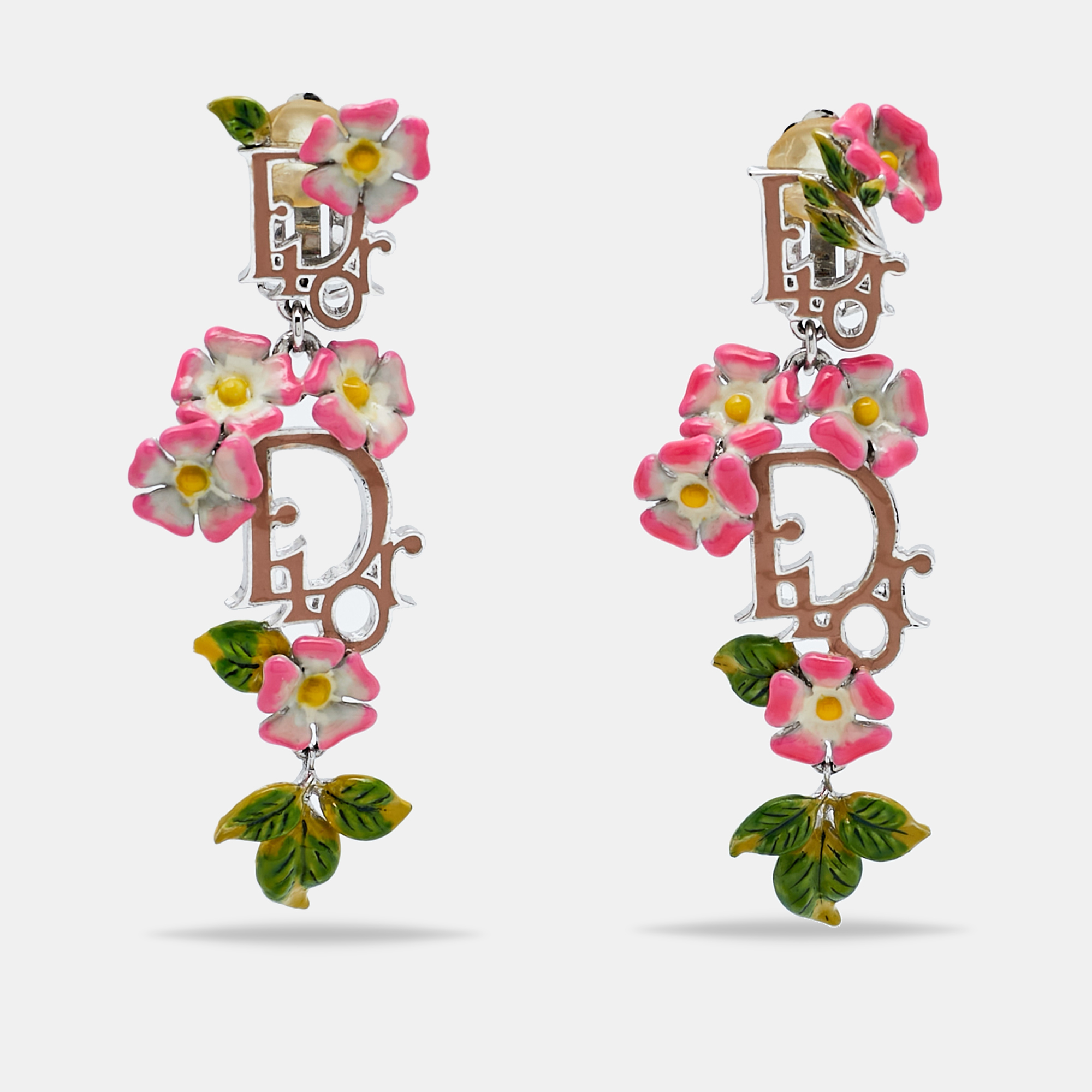 

Dior Multicolor Enamel Flower Logo Silver Tone Clip On Earrings