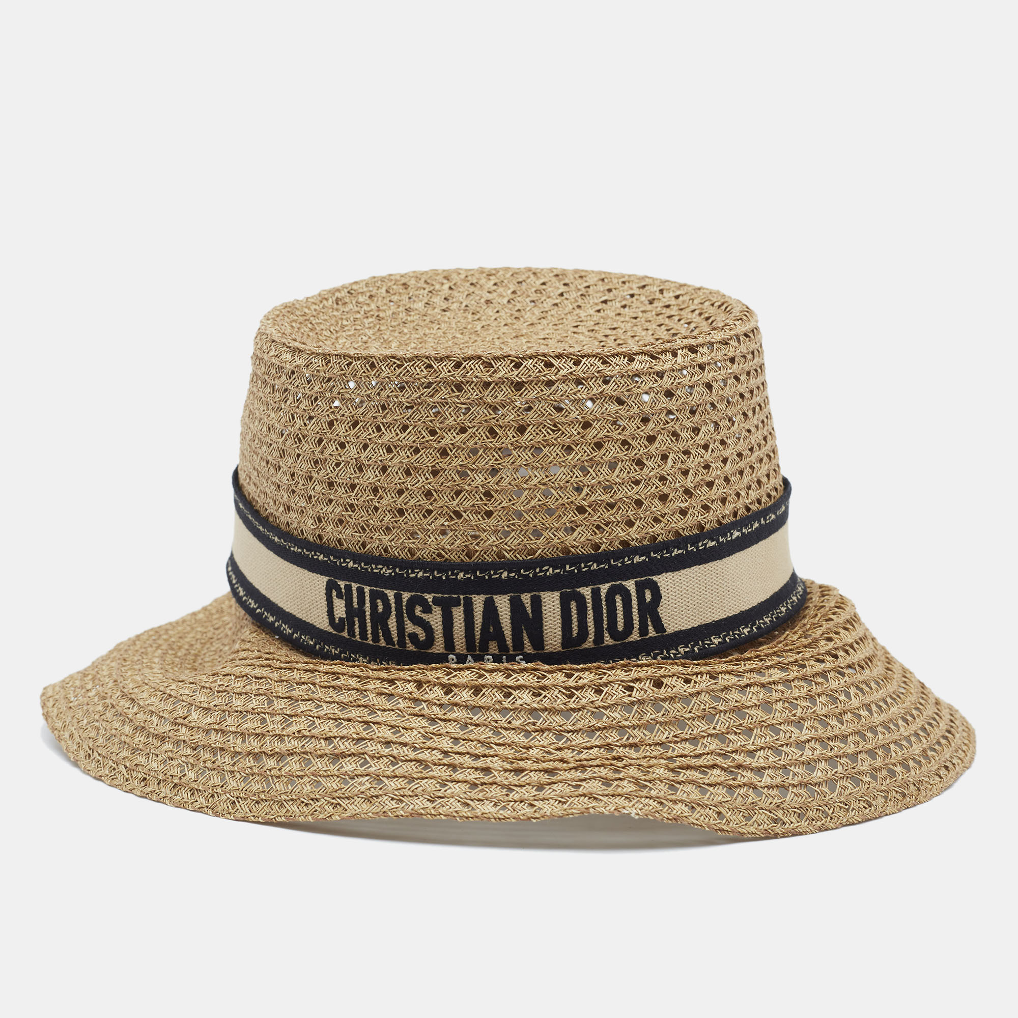 

Christian Dior Brown Embroidered Band Straw D-Bobby Large Brim Hat