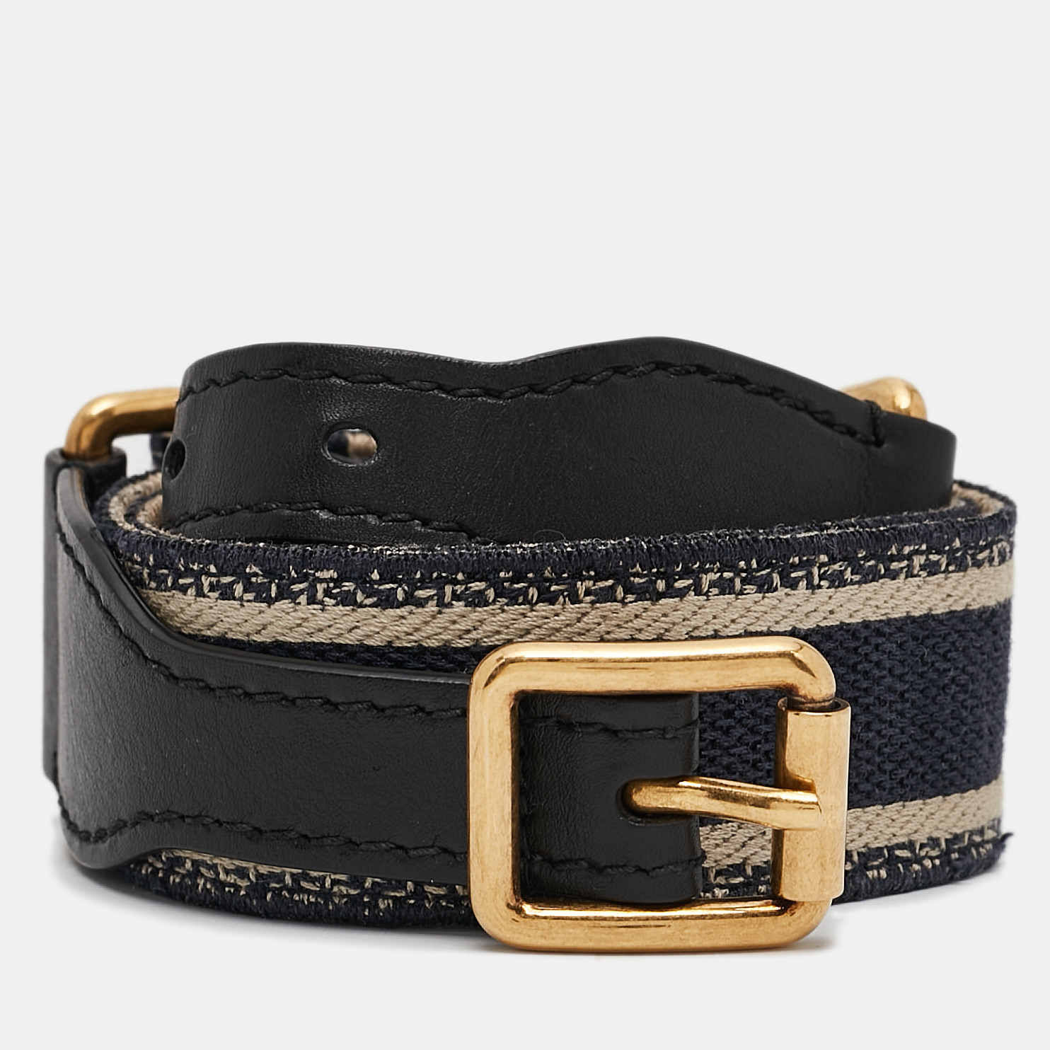 

Dior Navy Blue Embroidered Canvas and Black Leather Buckle Belt 80CM