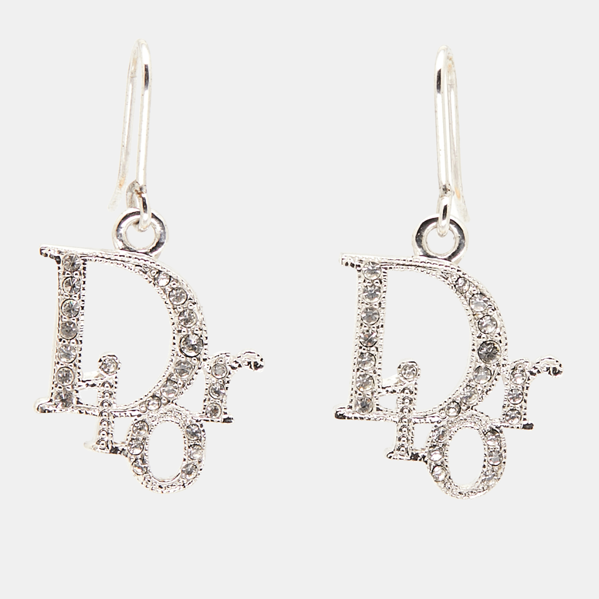 

Dior Crystal Accented Logo Silver Tone Drop Earrings