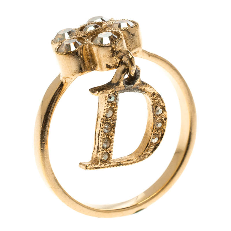 Dior Flower Crystal Rose Gold Tone D Charm Ring Size 56